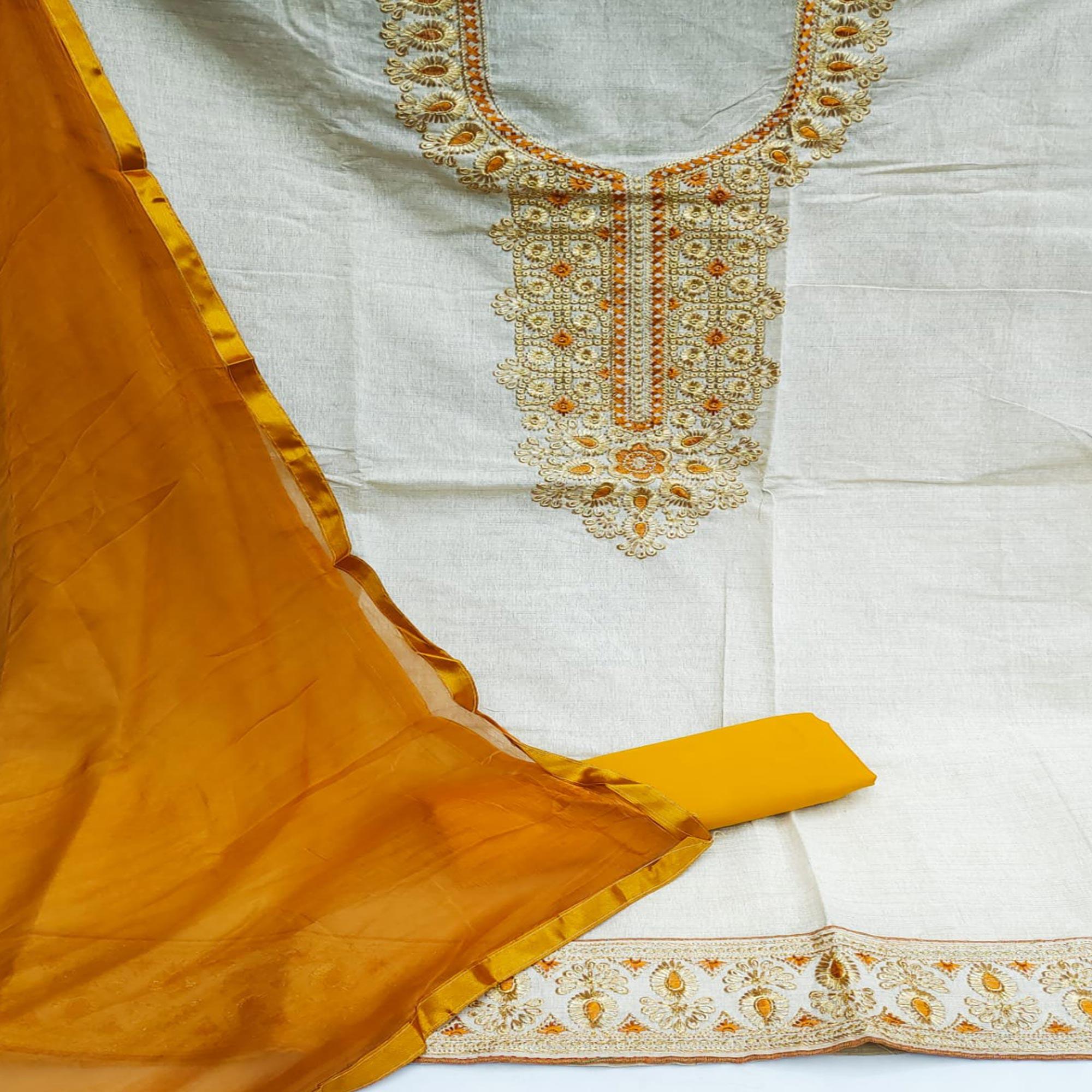 Cream-Gold Festive Wear Embroidery With Mirror Work Cotton Dress Material - Peachmode