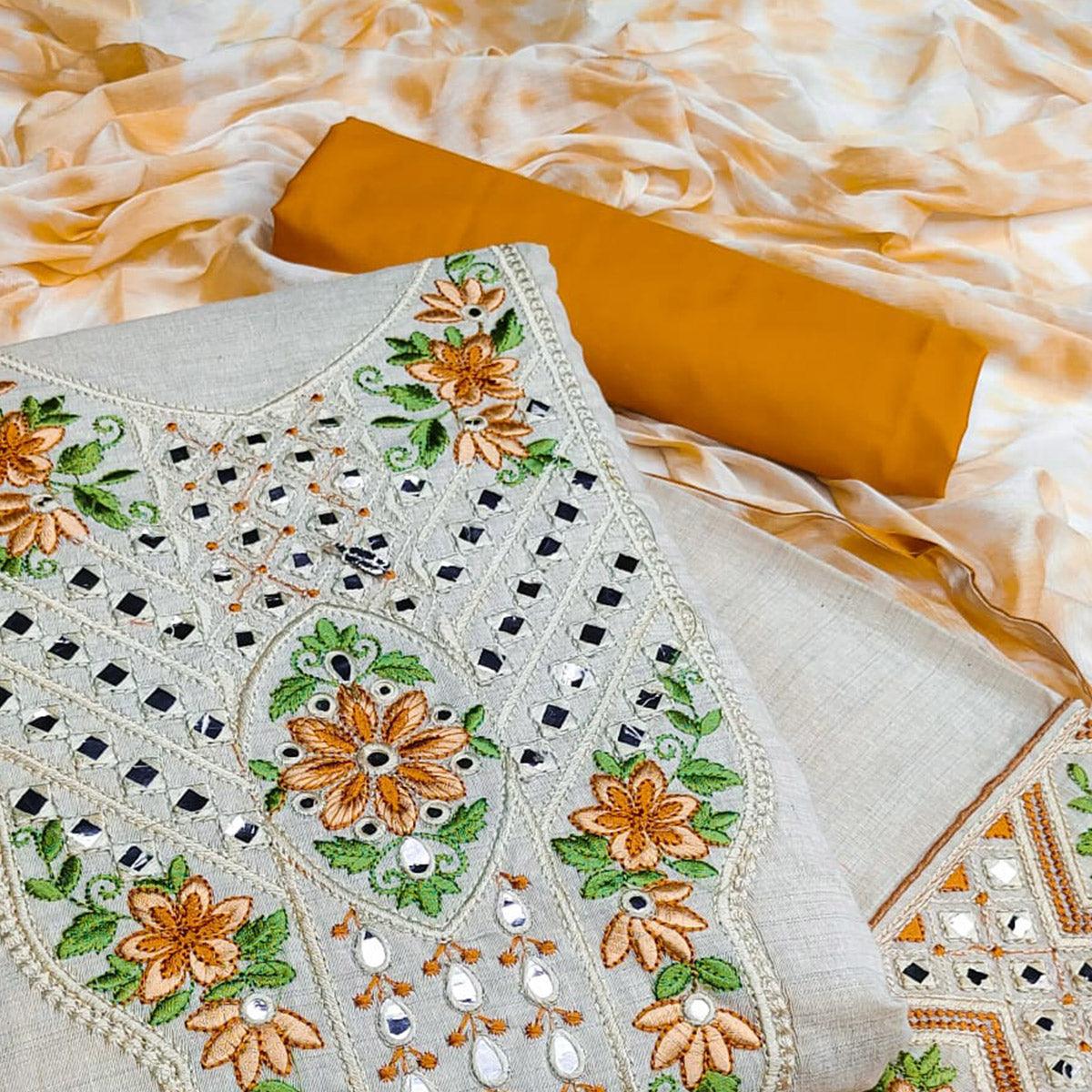 Cream-Gold Festive Wear Floral Embroidery With Mirror Work Cotton Dress Material - Peachmode