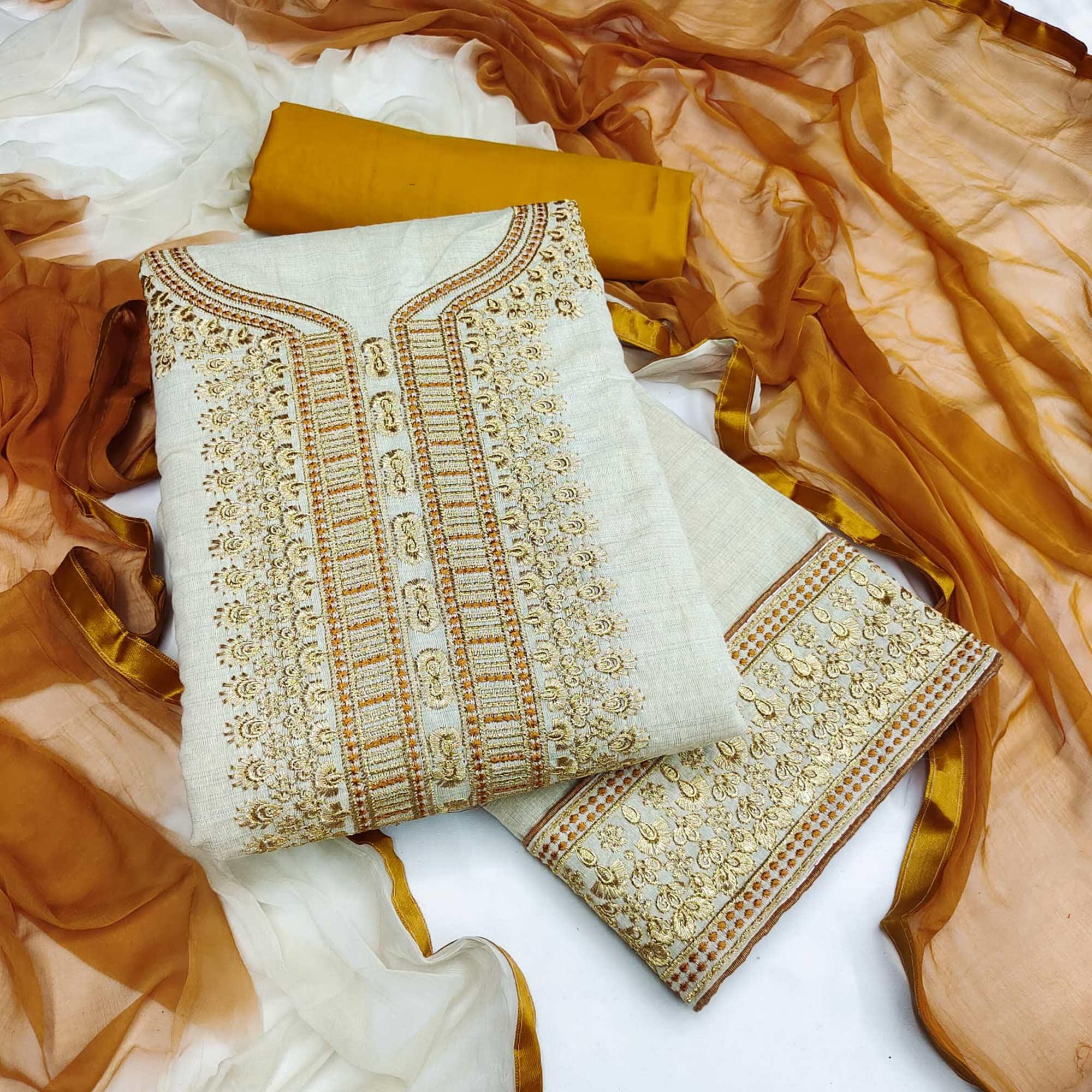 Cream-Gold Festive Wear Mirror Work Cotton Dress Material - Peachmode
