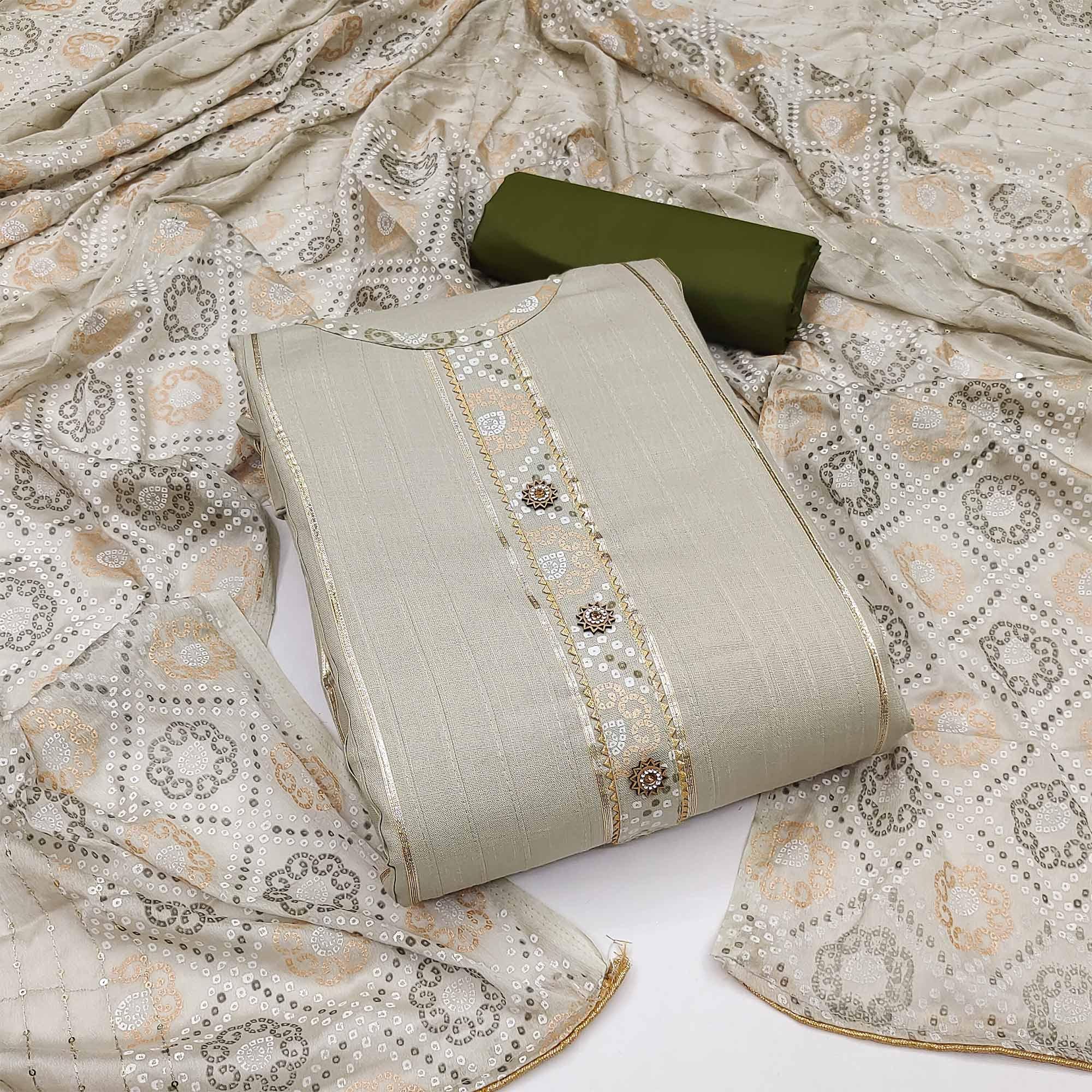 Cream Gotta Patti With Bandhani Printed Pure Cotton Dress Material - Peachmode