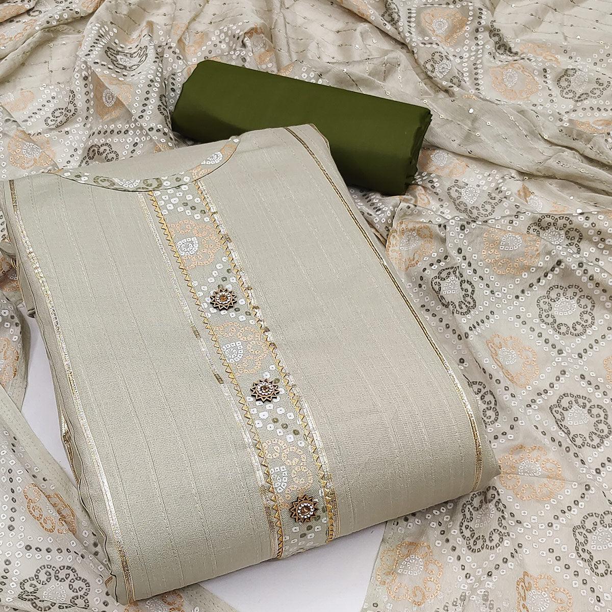 Cream Gotta Patti With Bandhani Printed Pure Cotton Dress Material - Peachmode