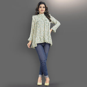 Cream-Green Casual Wear Floral Printed Lycra Top - Peachmode