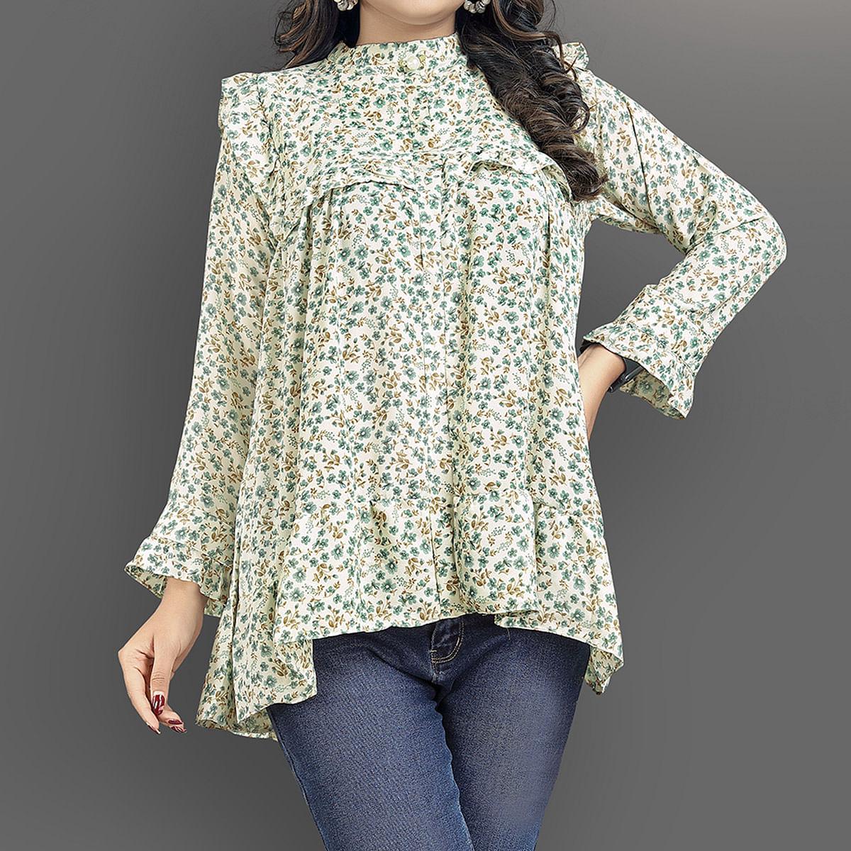 Cream-Green Casual Wear Floral Printed Lycra Top - Peachmode