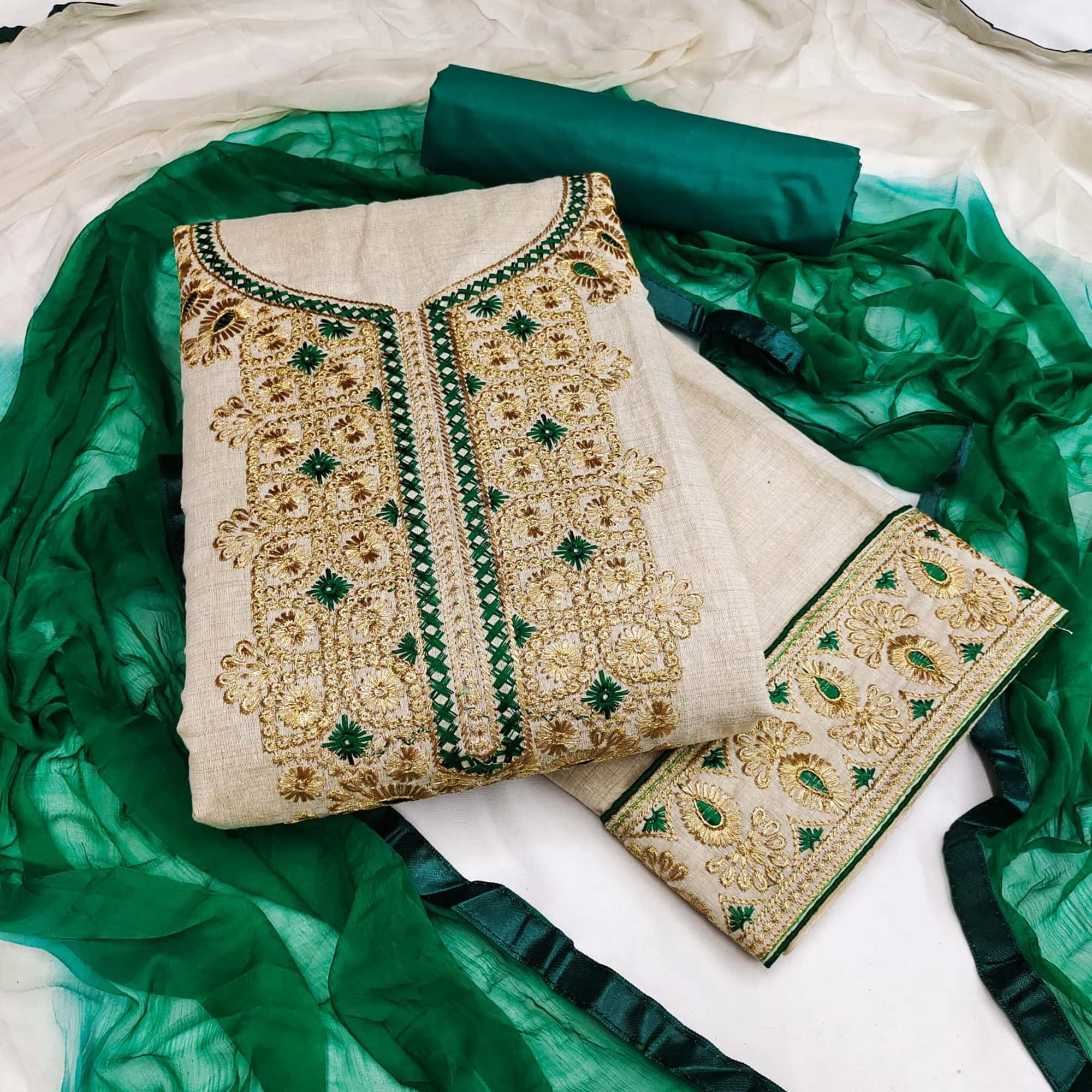 Cream-Green Festive Wear Embroidery With Mirror Work Cotton Dress Material - Peachmode