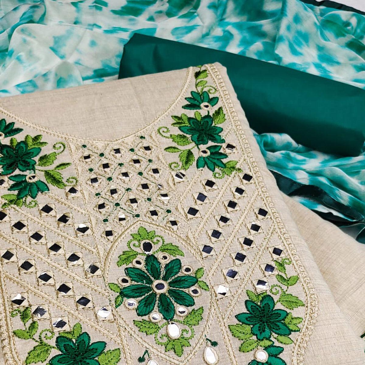 Cream-Green Festive Wear Floral Embroidery With Mirror Work Cotton Dress Material - Peachmode