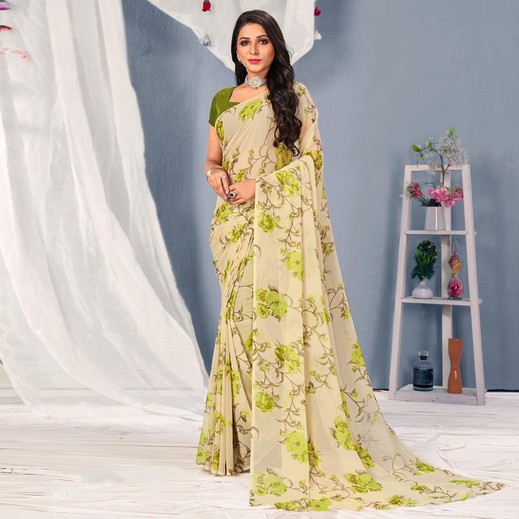 Cream-Green Floral Printed Georgette Saree - Peachmode