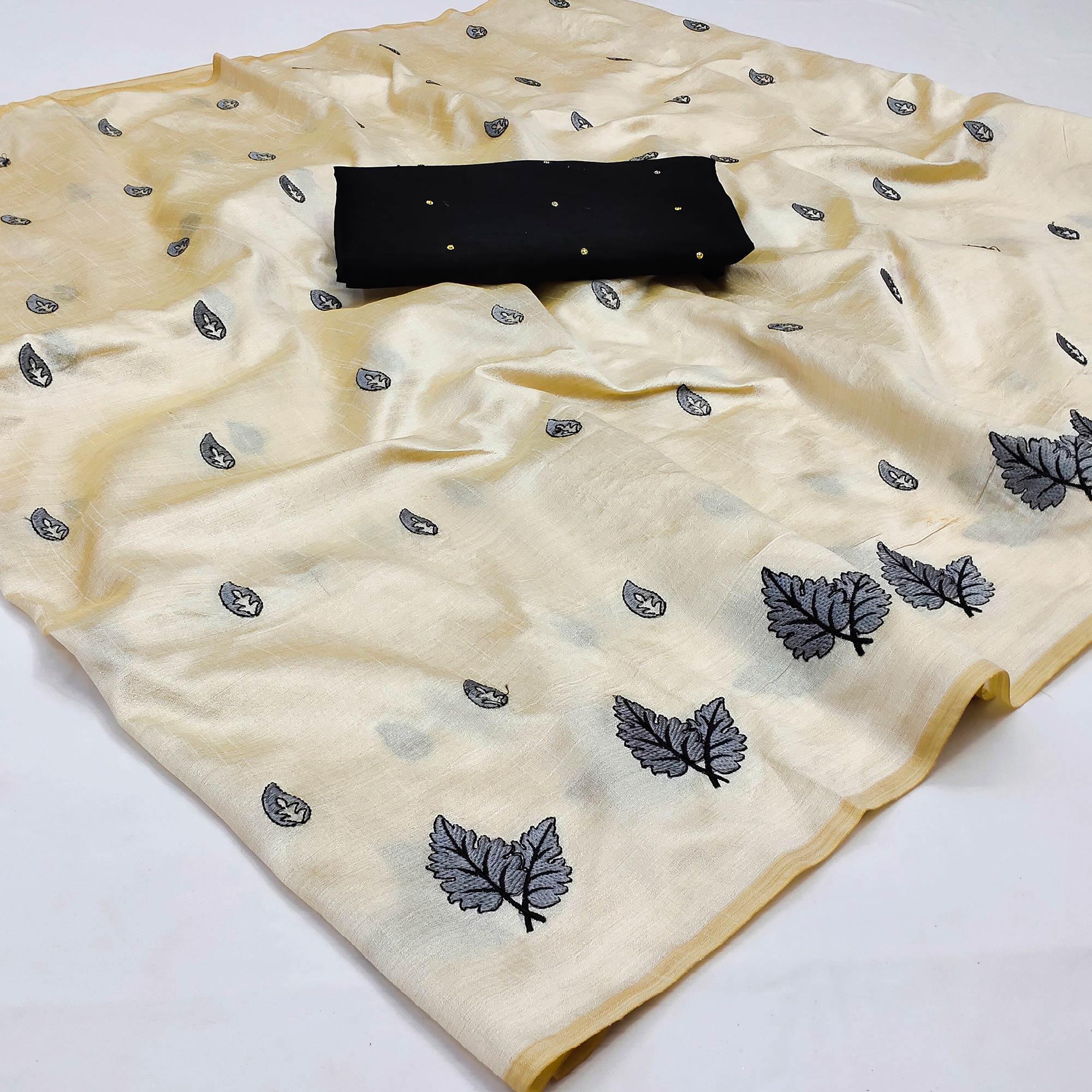 Cream - GREY Casual Wear Emrboidered Silk Saree - Peachmode