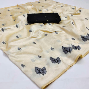 Cream - GREY Casual Wear Emrboidered Silk Saree - Peachmode