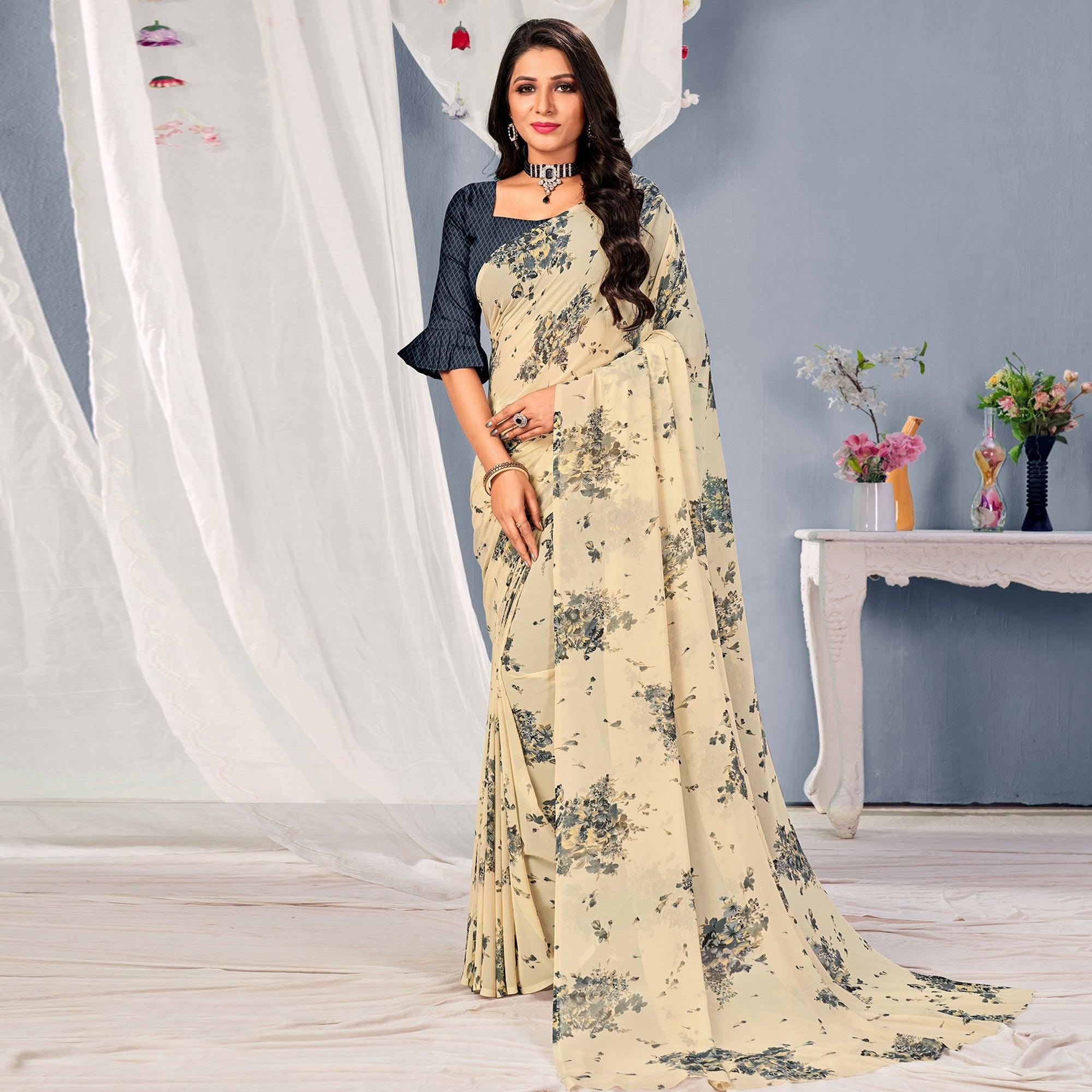 Cream-Grey Floral Printed Georgette Saree - Peachmode