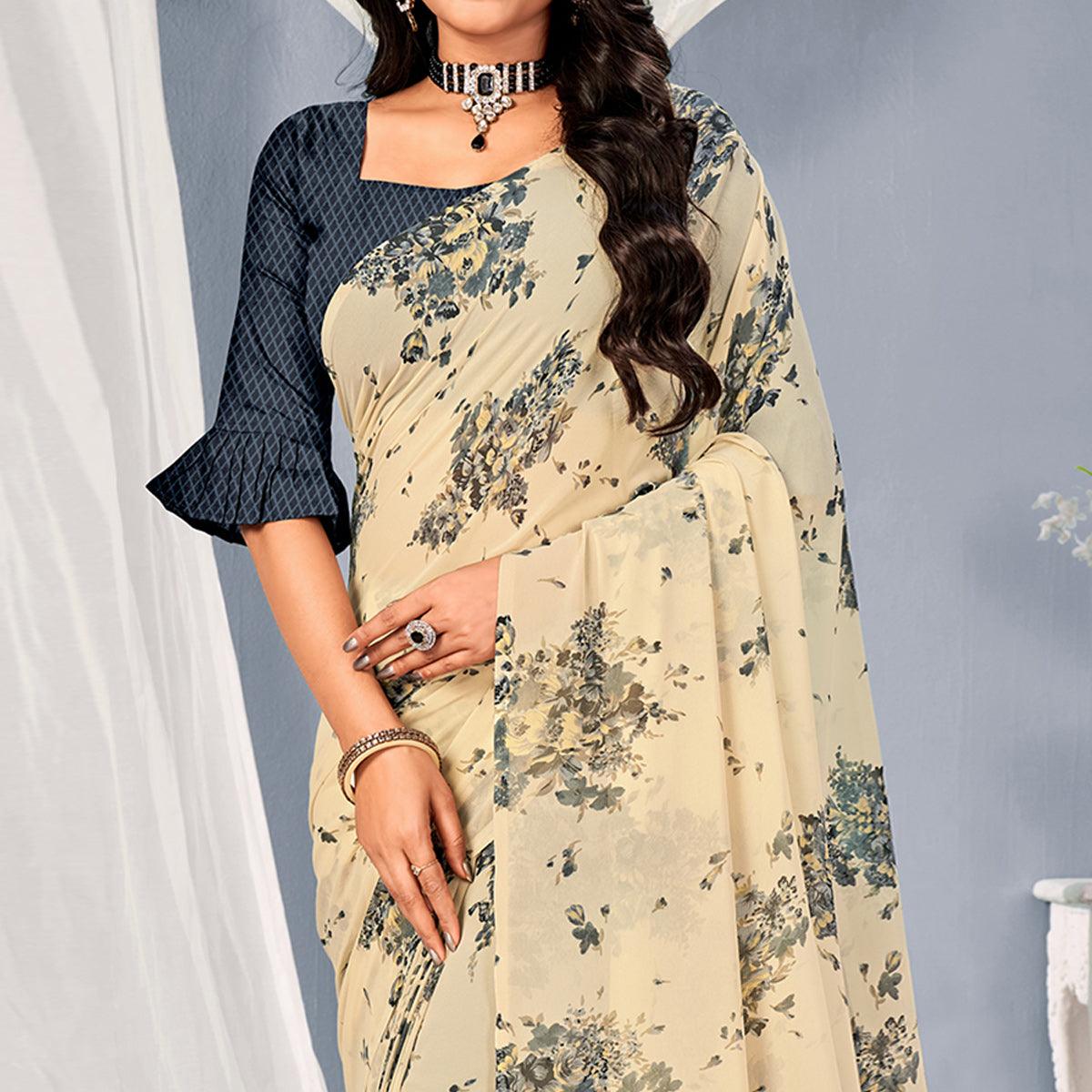 Cream-Grey Floral Printed Georgette Saree - Peachmode