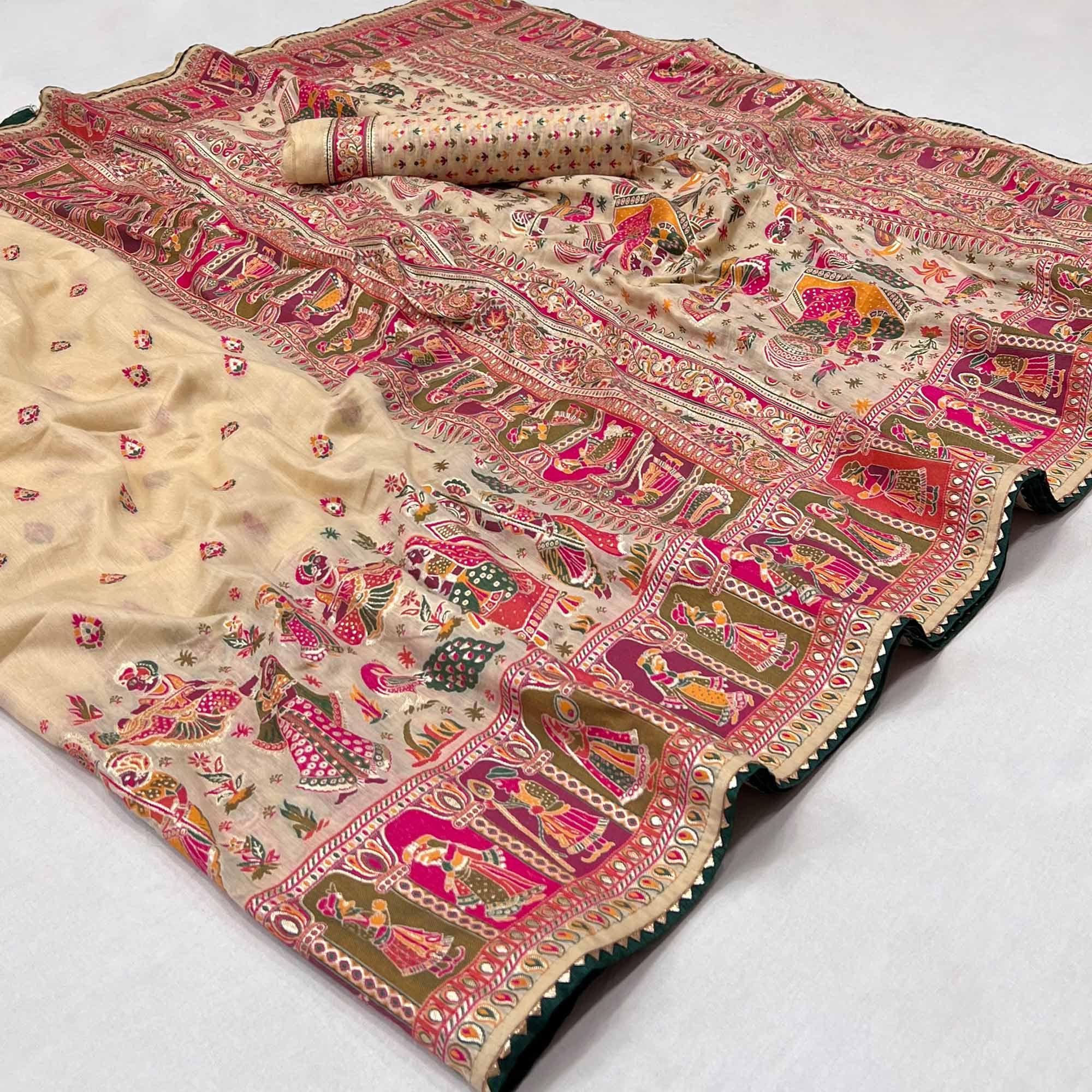 Cream Kalamkari Woven Chanderi Saree - Peachmode