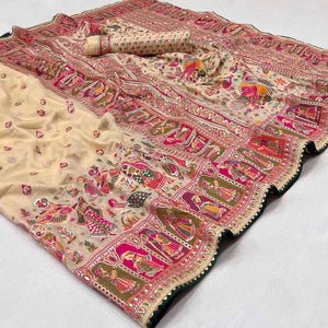 Cream Kalamkari Woven Chanderi Saree - Peachmode