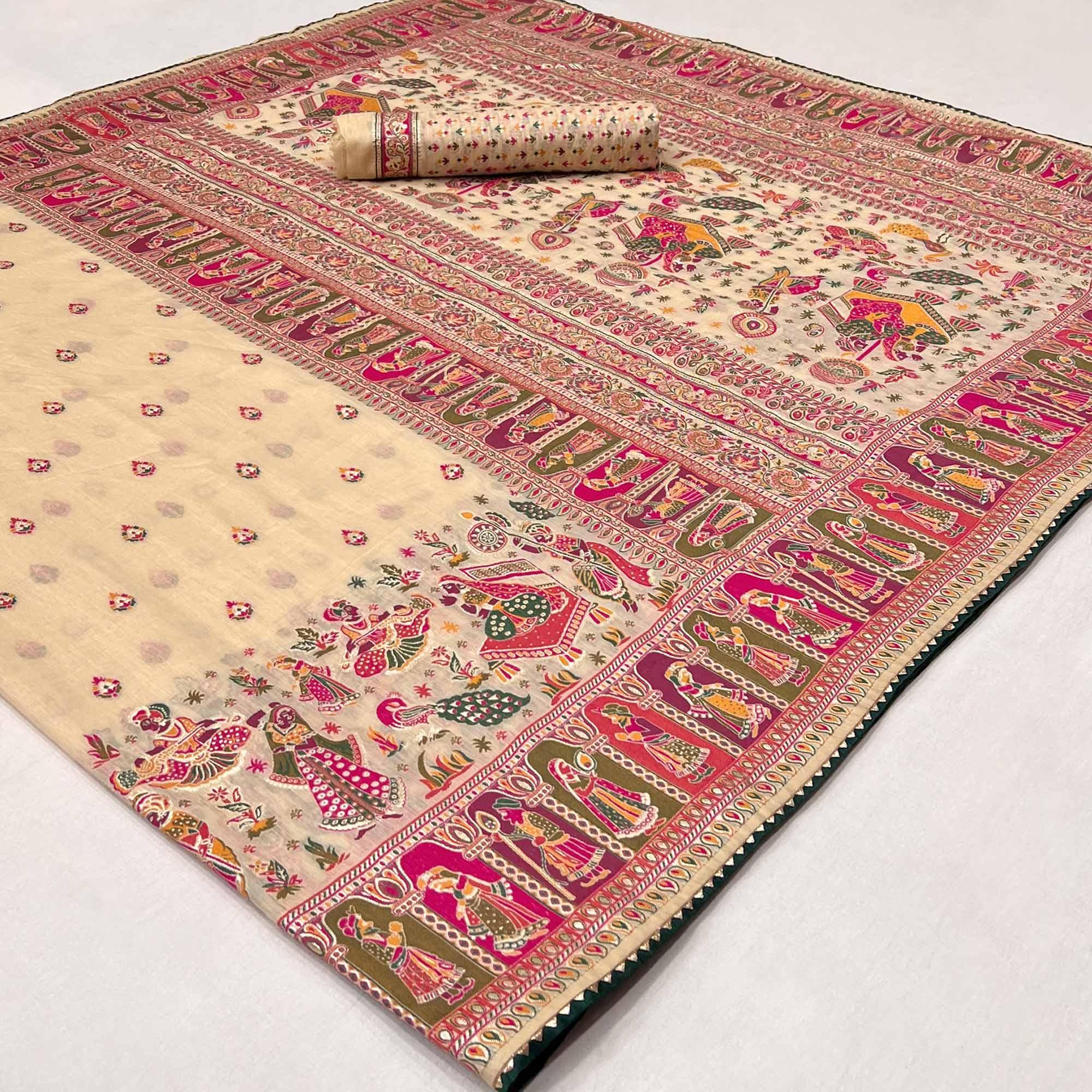 Cream Kalamkari Woven Chanderi Saree - Peachmode