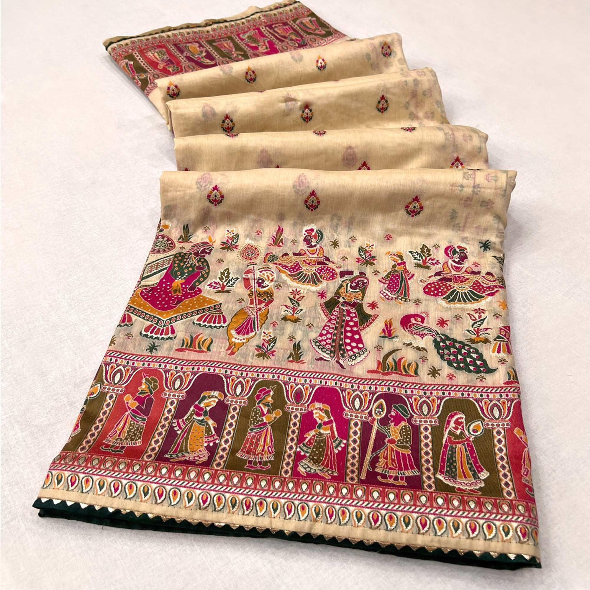 Cream Kalamkari Woven Chanderi Saree - Peachmode