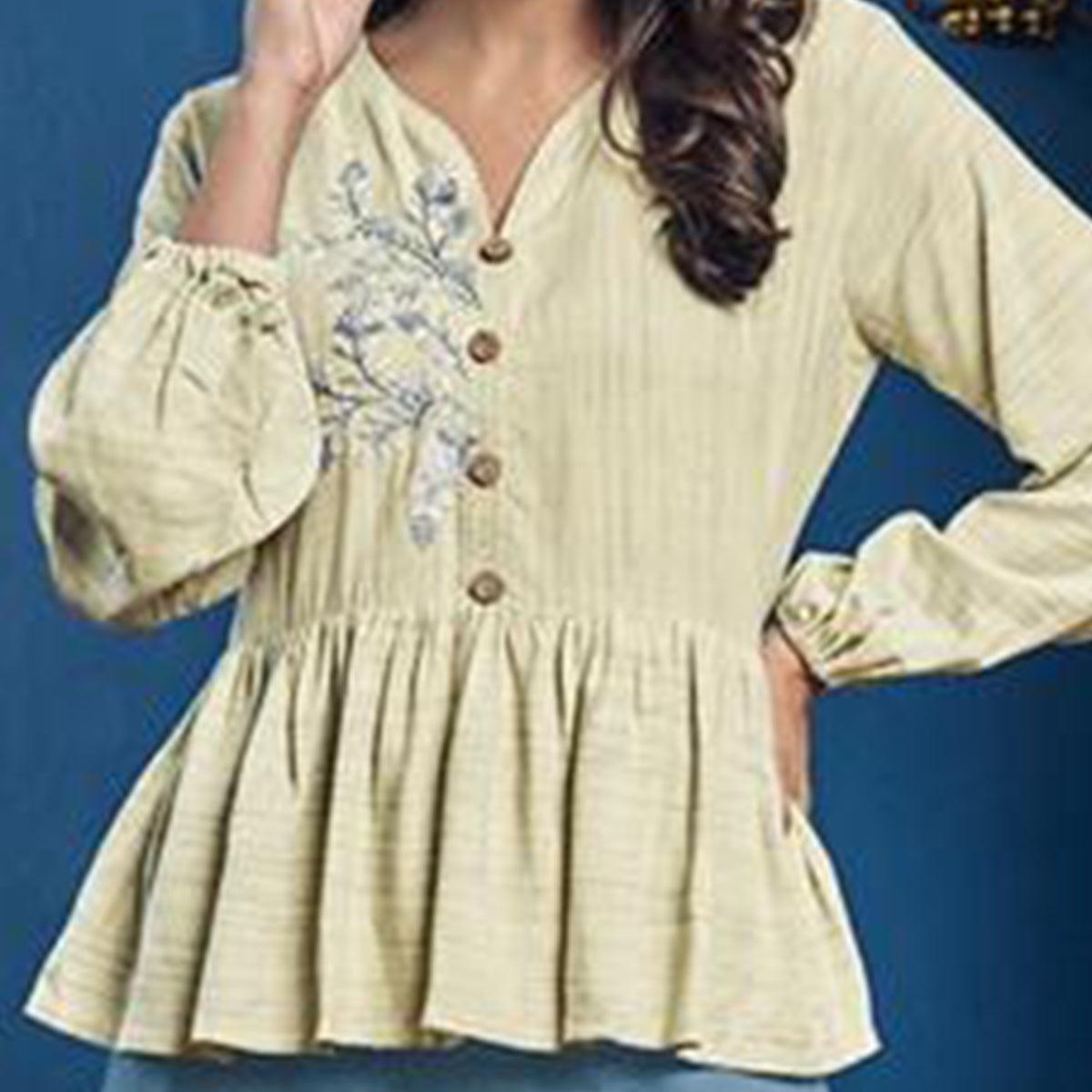 Cream-Light Blue Casual Wear Floral Embroidered Cotton-Rayon Top-Palazzo Set - Peachmode