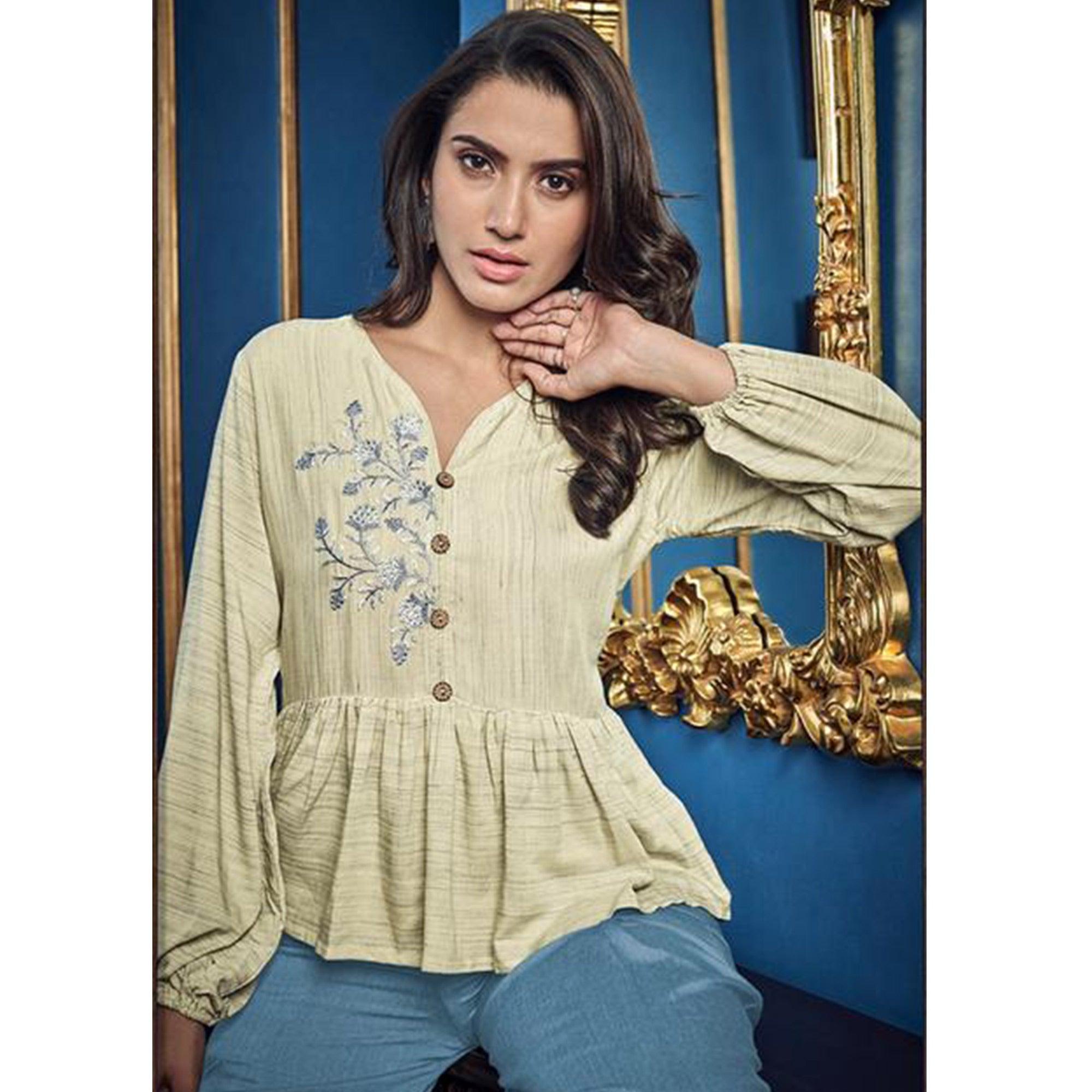 Cream-Light Blue Casual Wear Floral Embroidered Cotton-Rayon Top-Palazzo Set - Peachmode