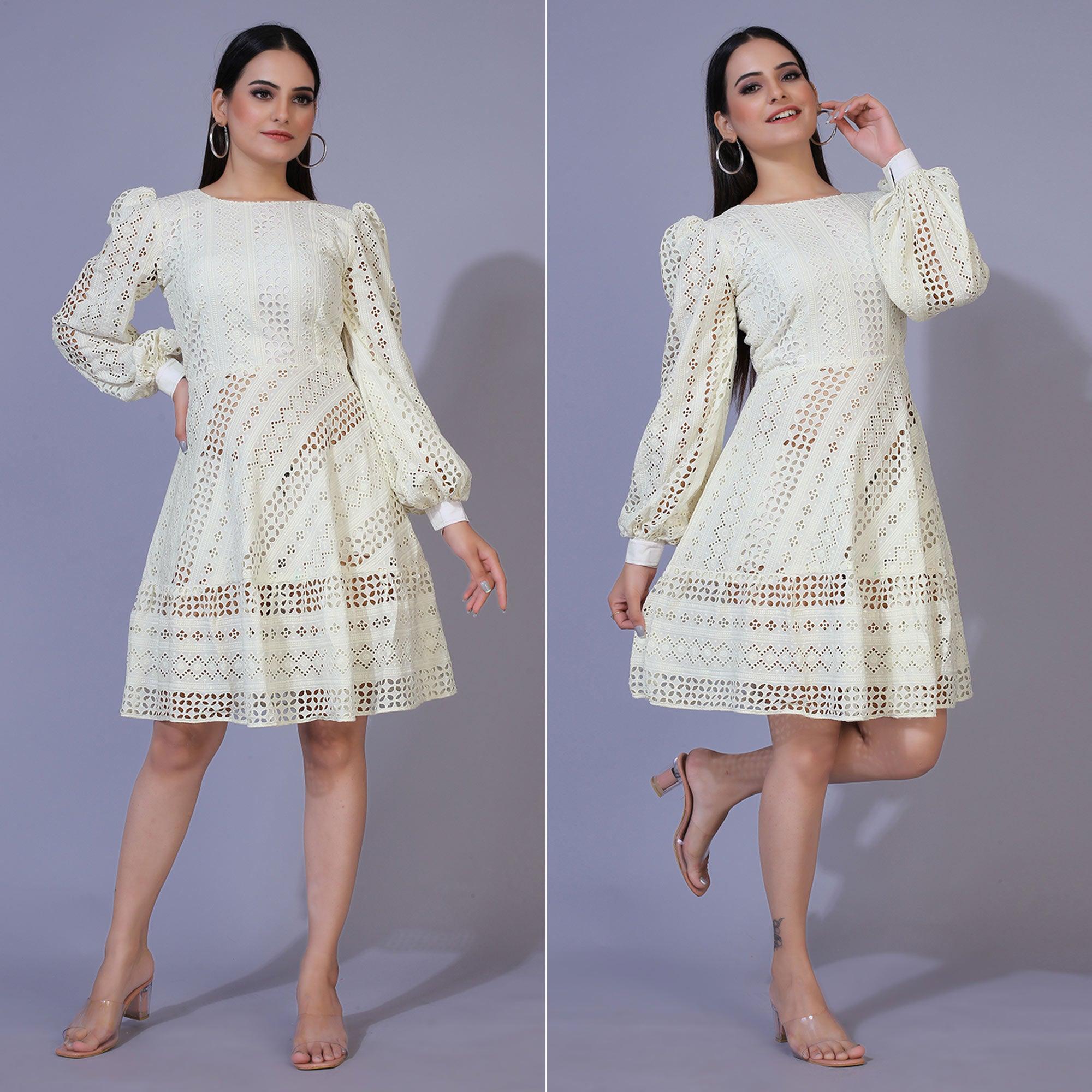 Cream Lucknowi Chikankari Work Rayon Western Dress - Peachmode