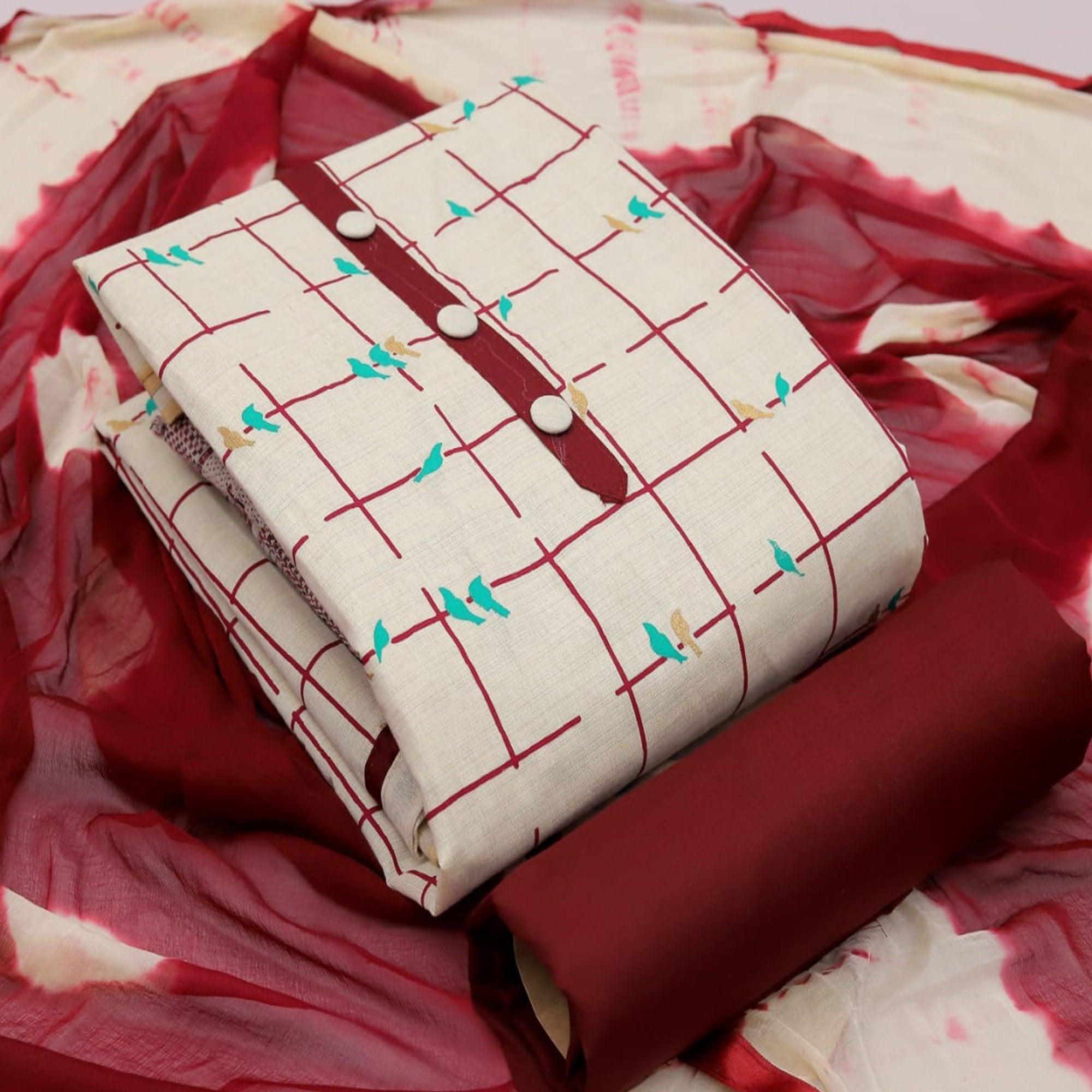 Cream - Maroon Casual Wear Foil Printed Cotton Dress Material - Peachmode