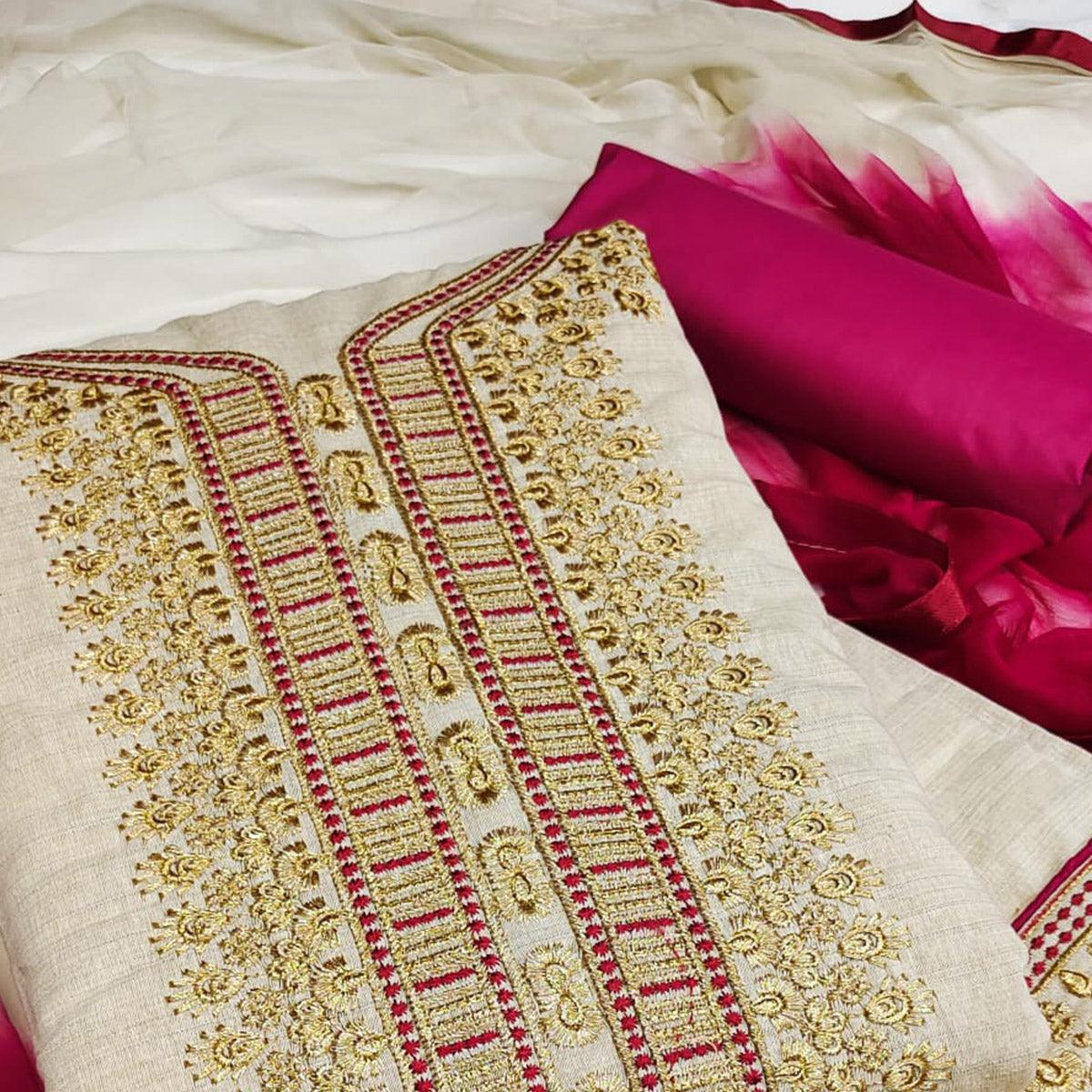 Cream-Maroon Festive Wear Mirror Work Cotton Dress Material - Peachmode