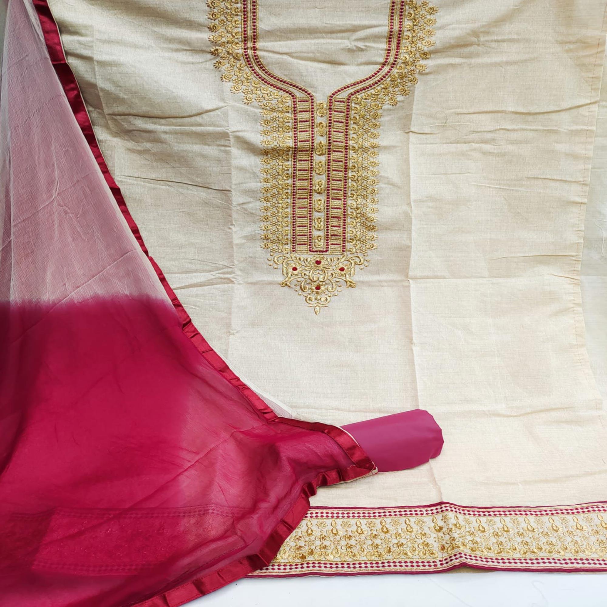 Cream-Maroon Festive Wear Mirror Work Cotton Dress Material - Peachmode