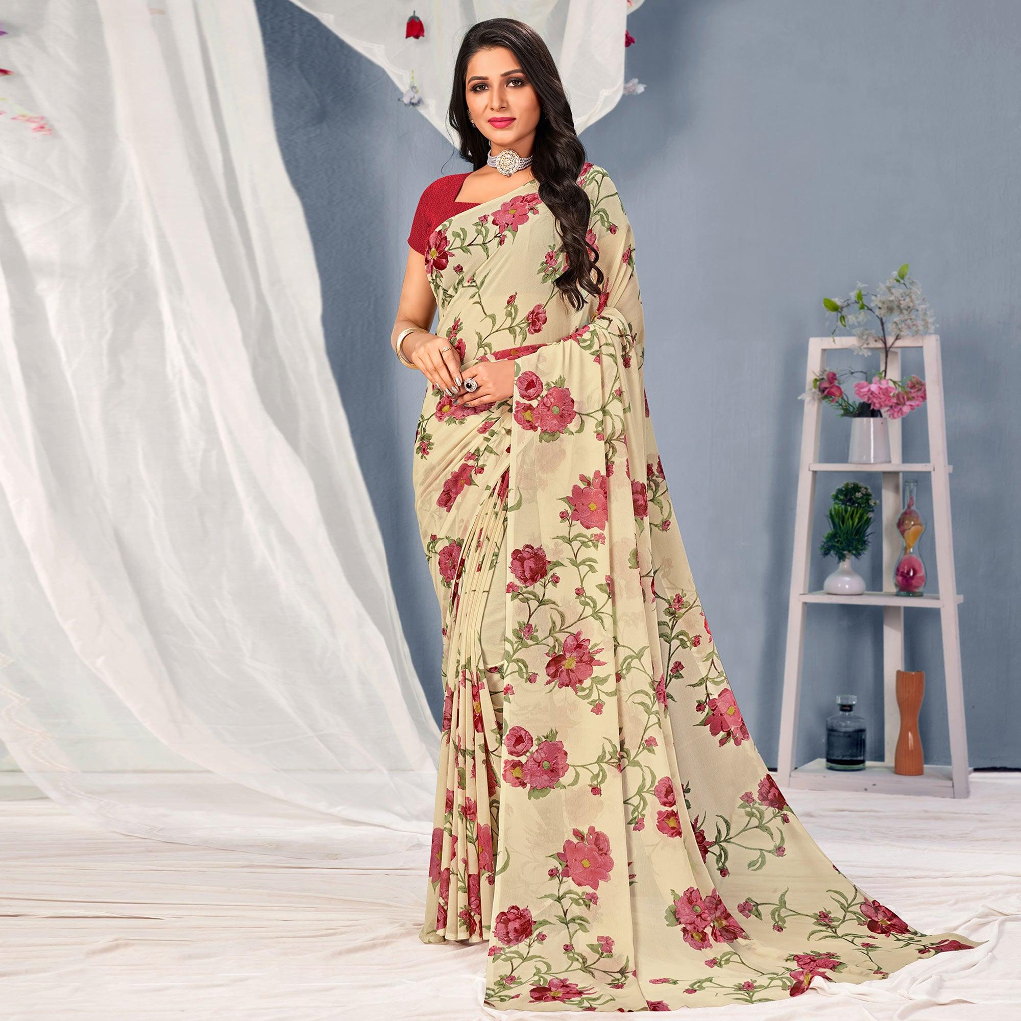 Cream-Maroon Floral Printed Georgette Saree - Peachmode