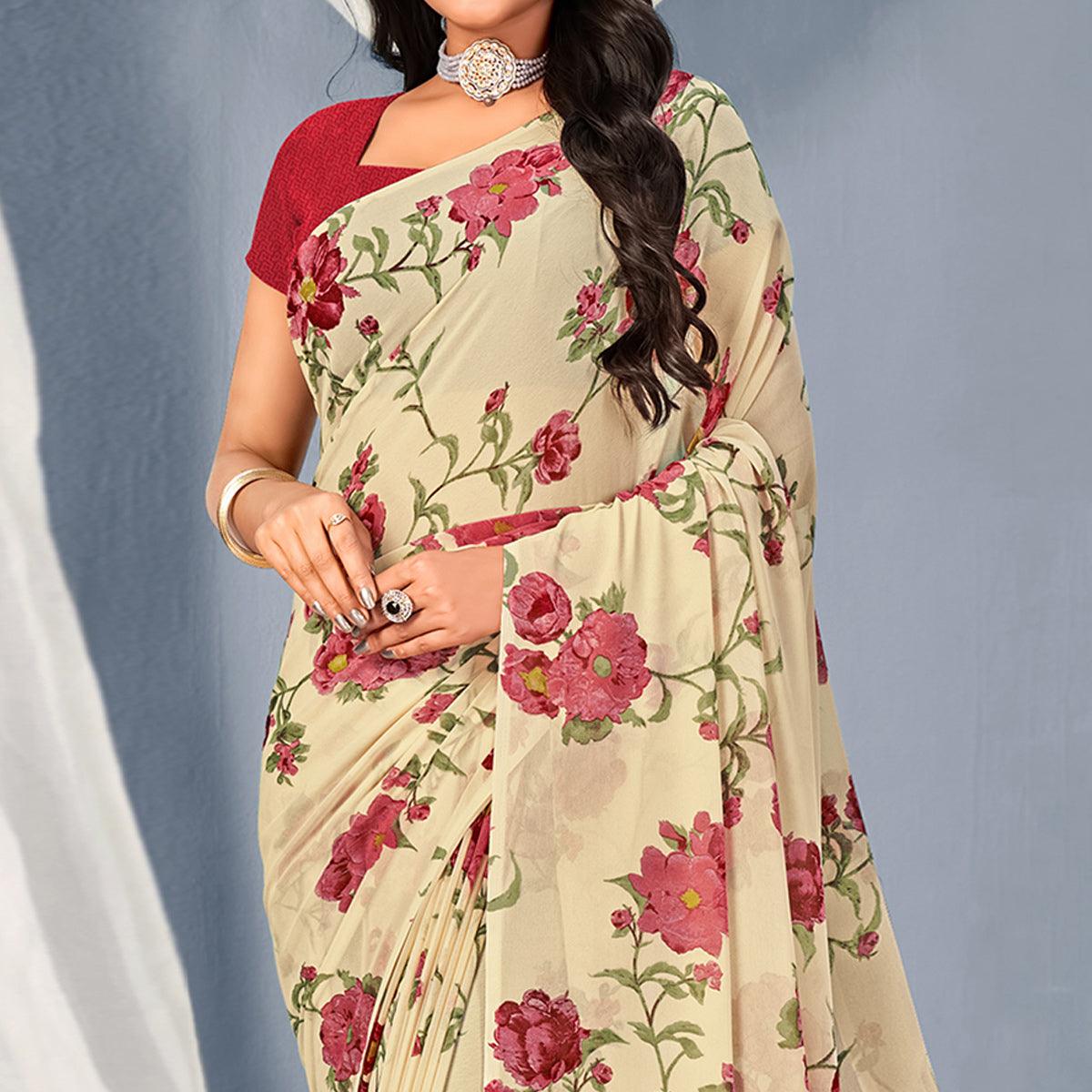 Cream-Maroon Floral Printed Georgette Saree - Peachmode