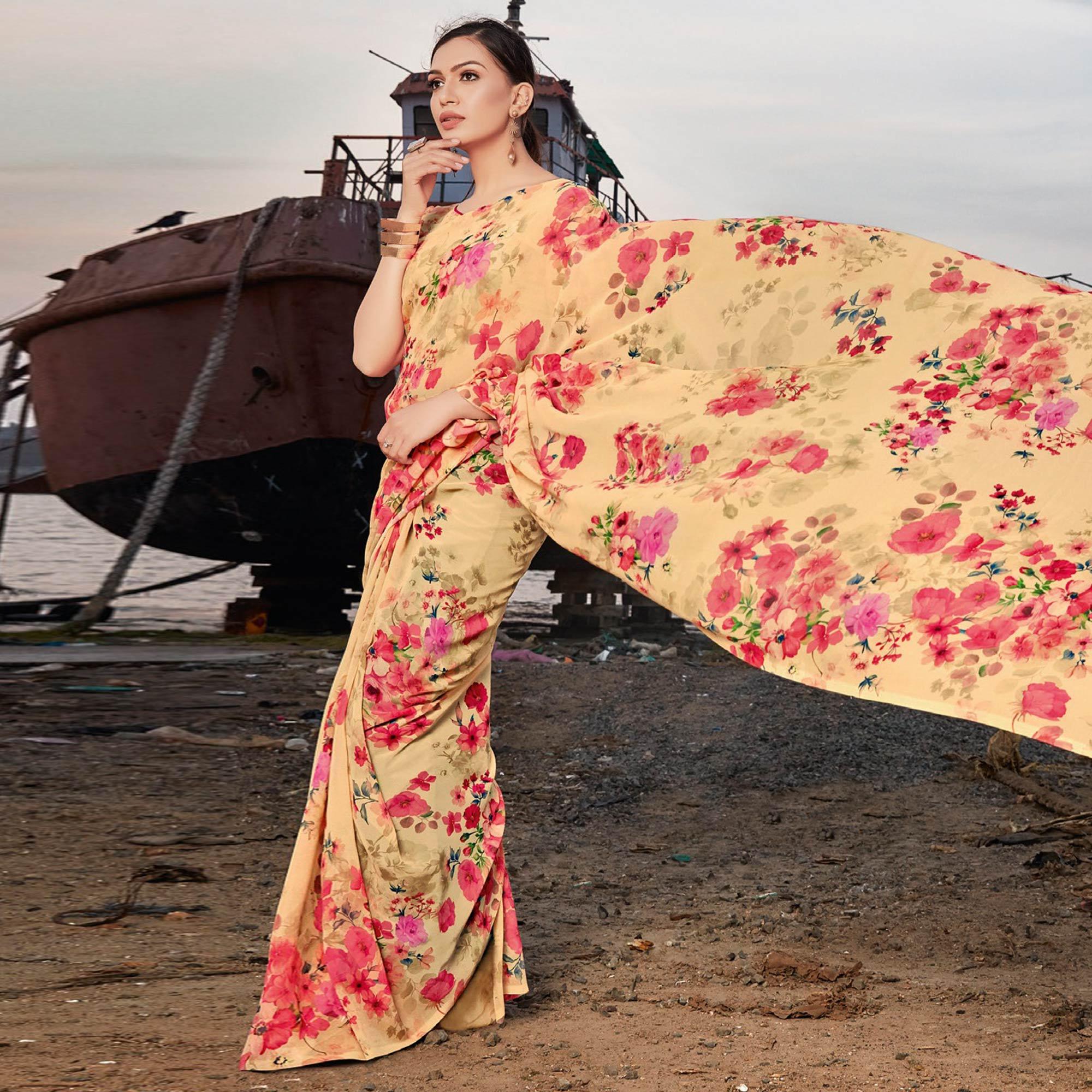 Cream-Multicolor Festive Wear Floral Printed Georgette Saree - Peachmode