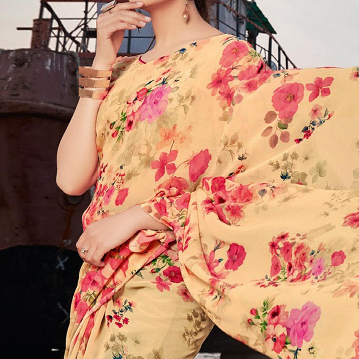 Cream-Multicolor Festive Wear Floral Printed Georgette Saree - Peachmode