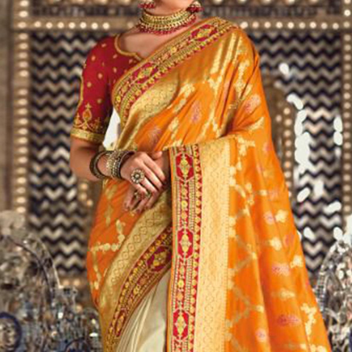 Cream-Orange Festive Wear Woven Banarasi Silk Half & Half Saree - Peachmode