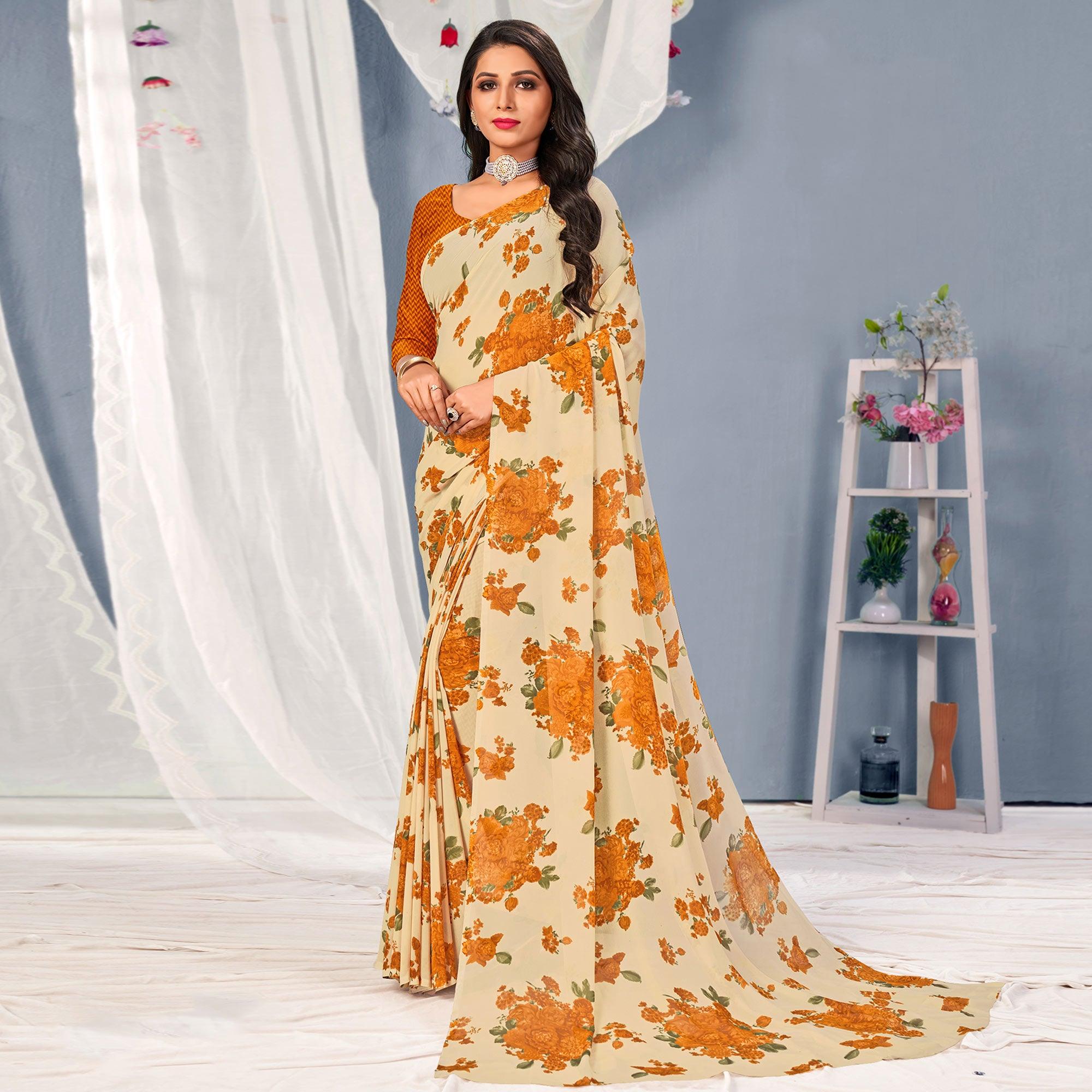 Cream-Orange Floral Printed Georgette Saree - Peachmode