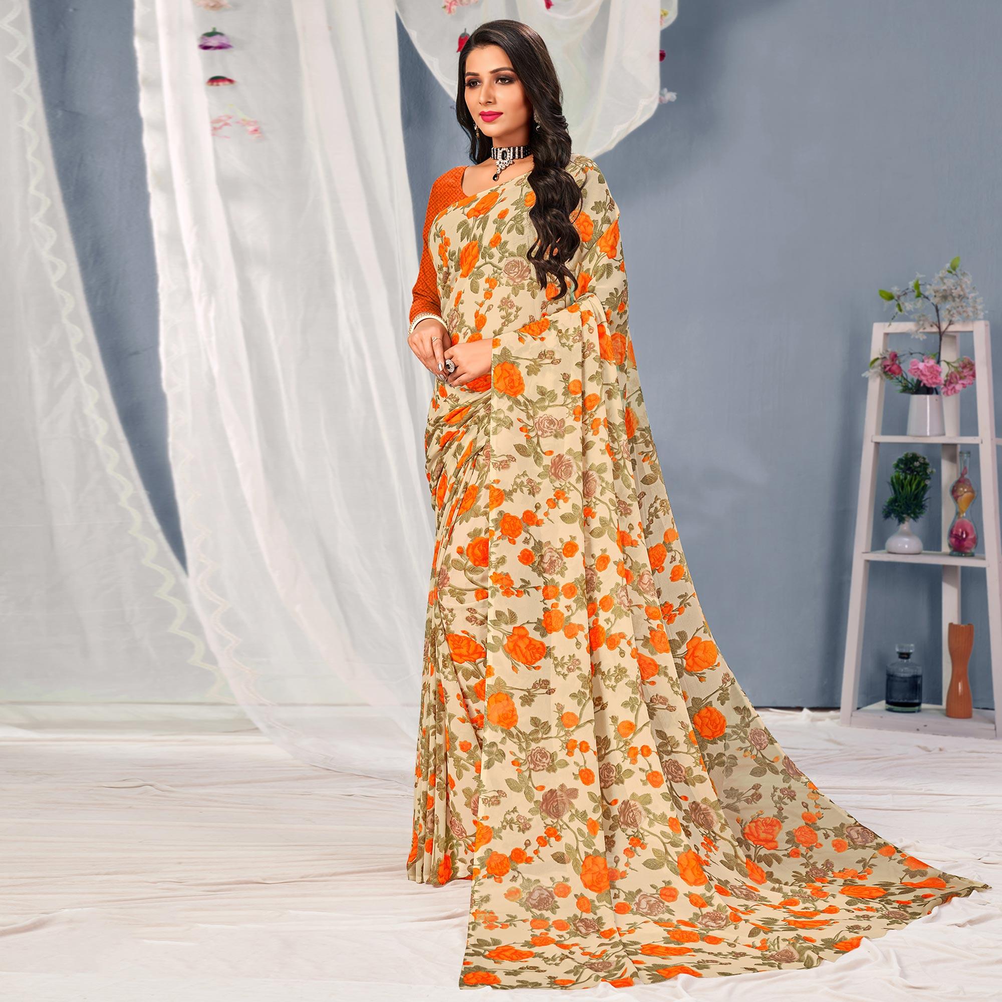 Cream-Orange Floral Printed Georgette Saree - Peachmode