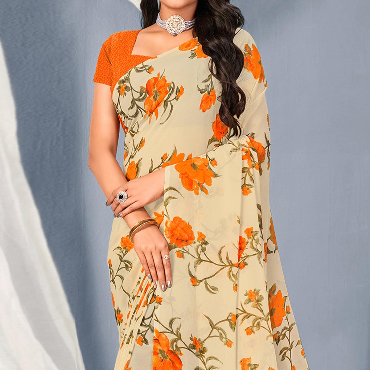 Cream-Orange Floral Printed Georgette Saree - Peachmode