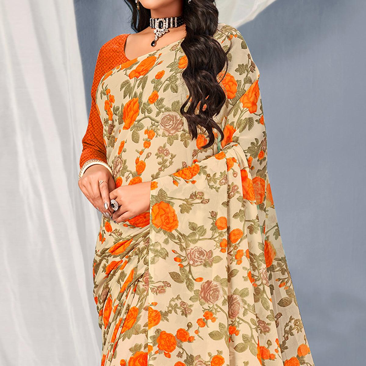 Cream-Orange Floral Printed Georgette Saree - Peachmode