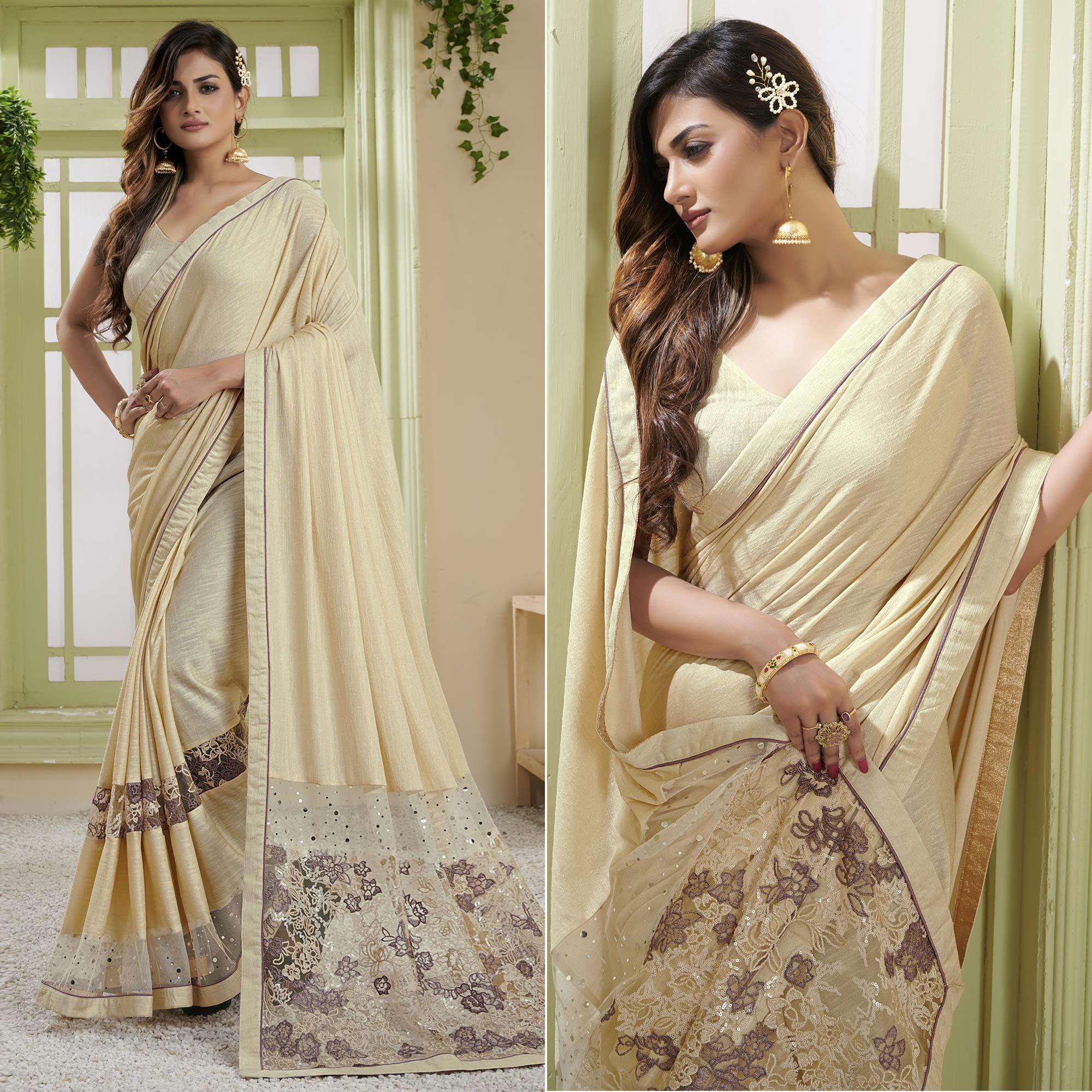Cream Party Wear Embellished Lycra Saree - Peachmode