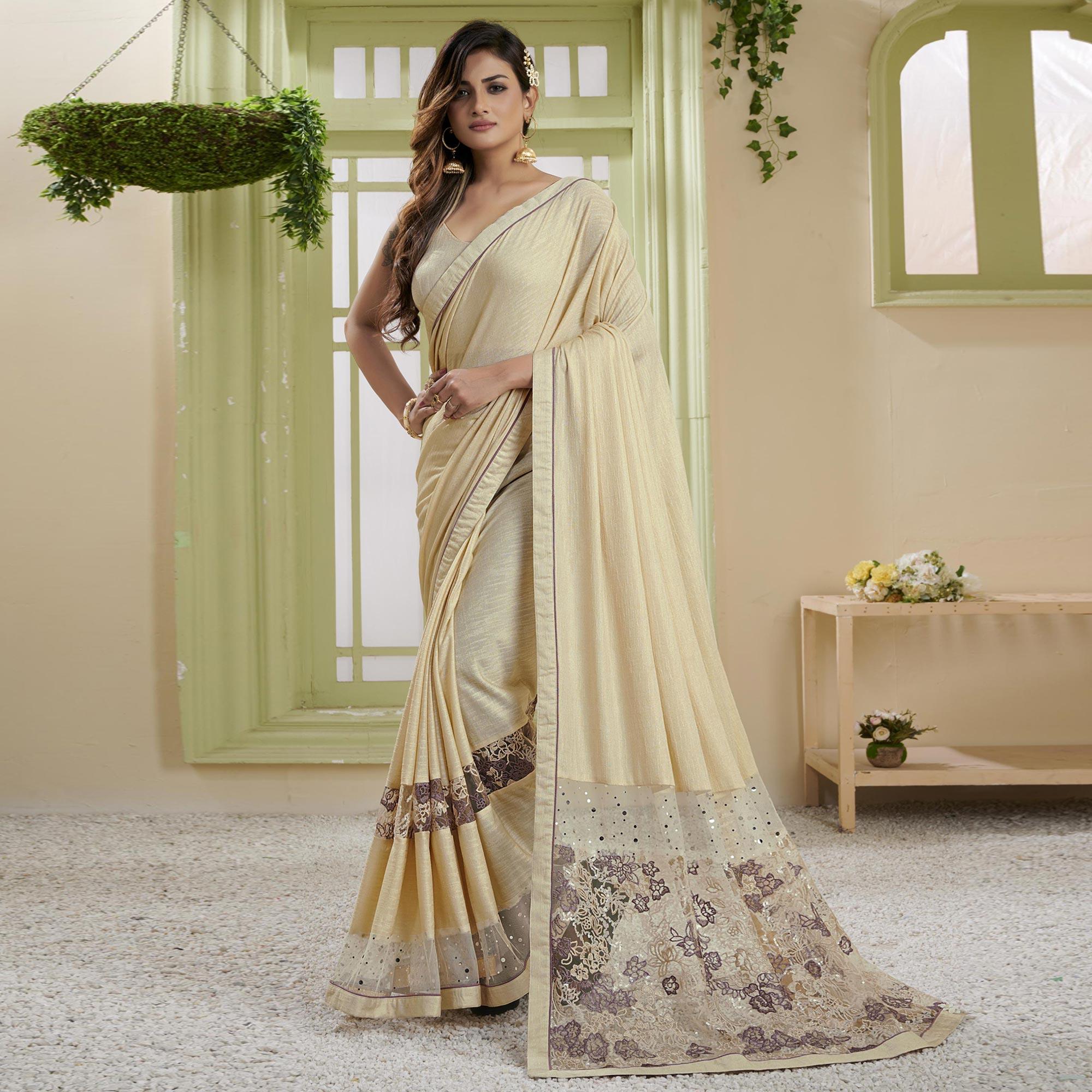 Cream Party Wear Embellished Lycra Saree - Peachmode