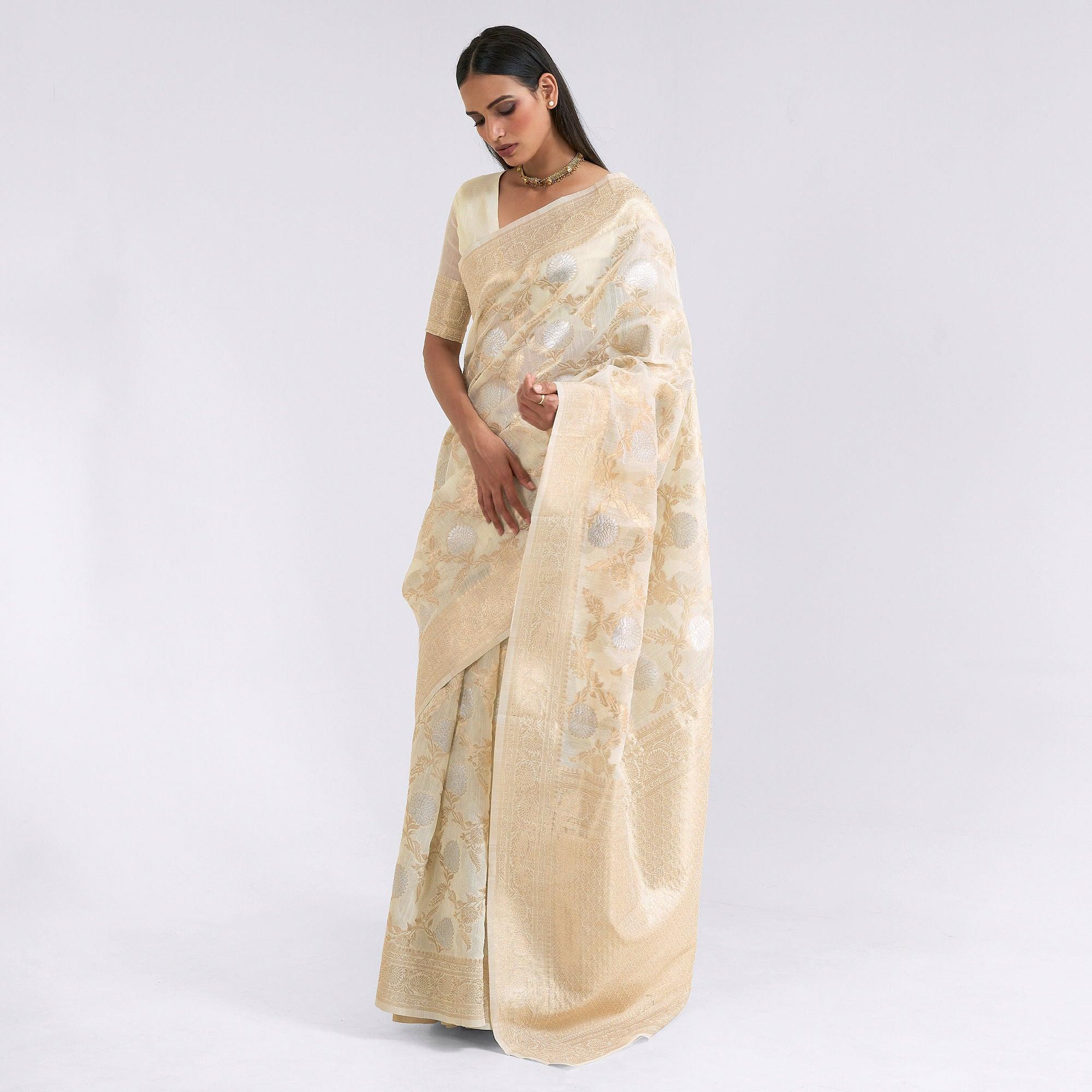 Cream Party Wear Woven Pure Linen Saree - Peachmode
