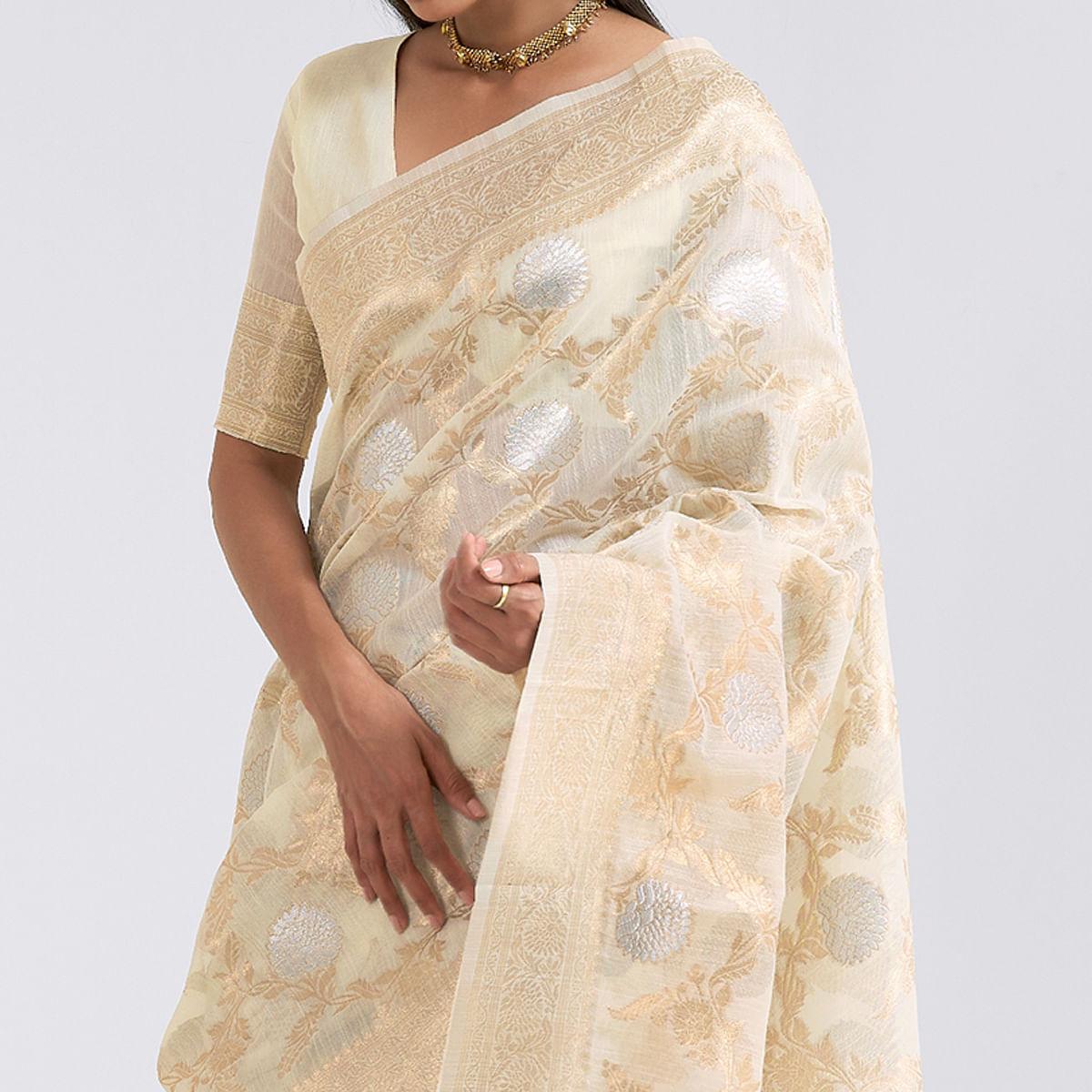 Cream Party Wear Woven Pure Linen Saree - Peachmode