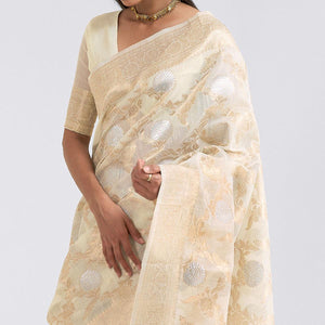 Cream Party Wear Woven Pure Linen Saree - Peachmode