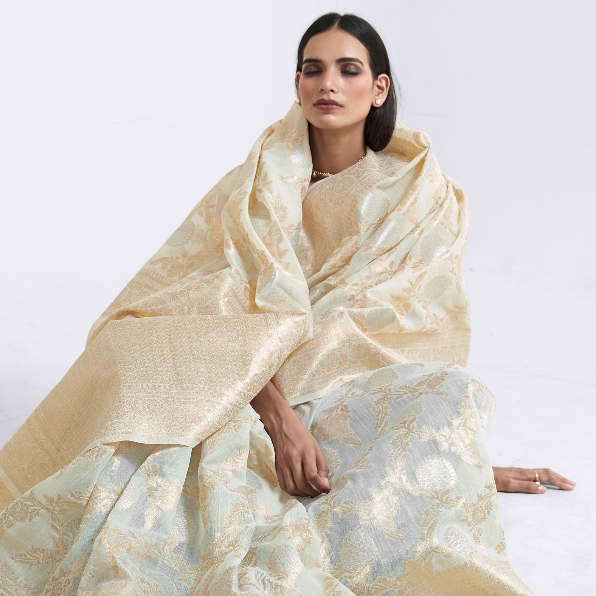 Cream Party Wear Woven Pure Linen Saree - Peachmode