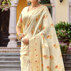 Cream Partywear Banarasi Woven Silk Saree with Kashmiri Pallu - Peachmode