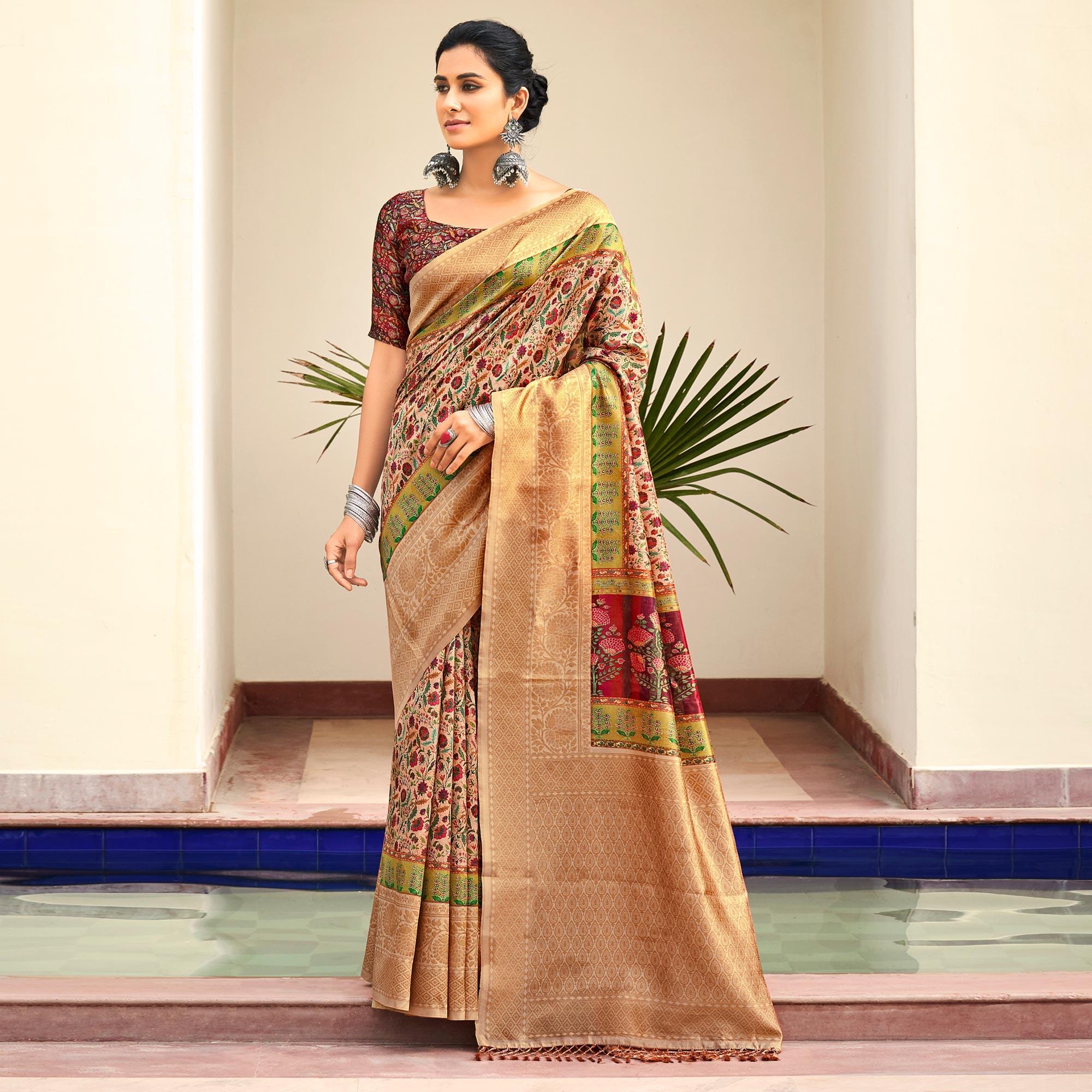 Cream Partywear Digital Printed Silk Saree - Peachmode