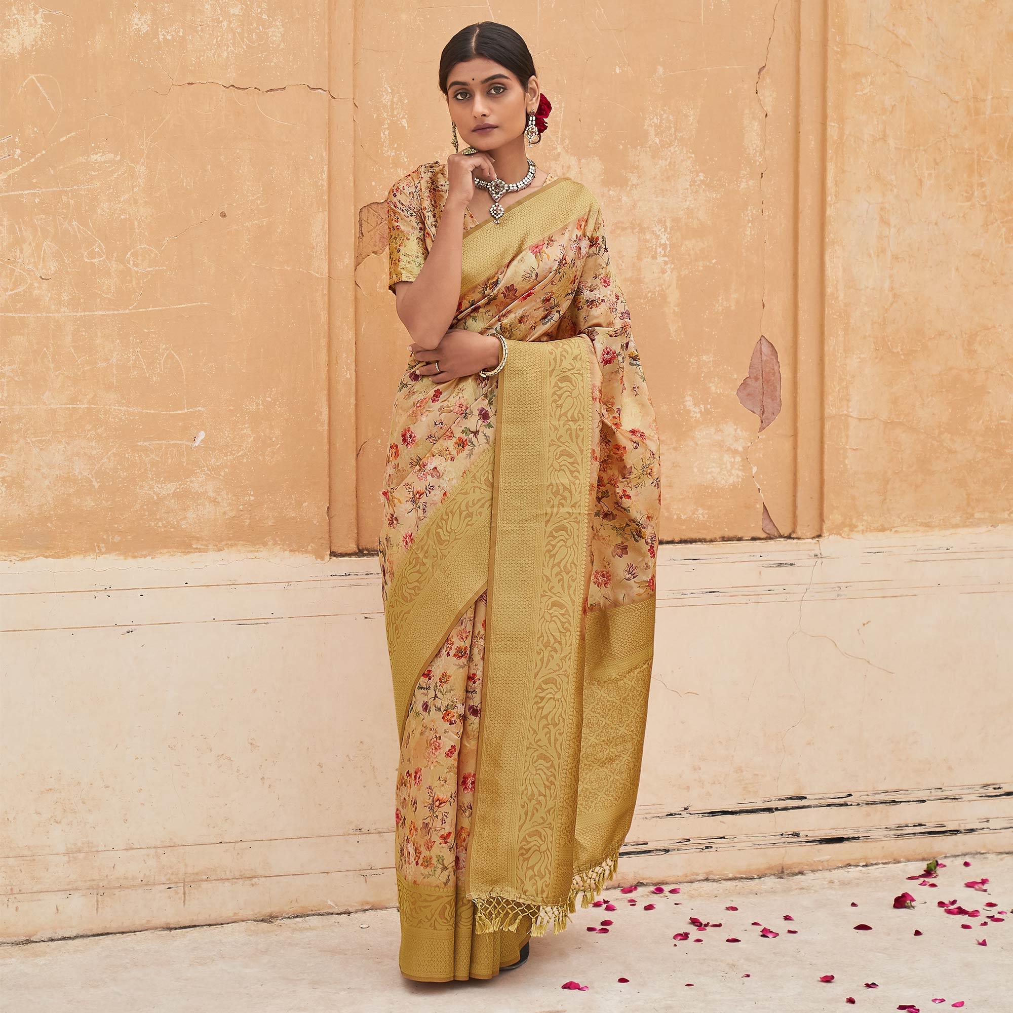 Cream Partywear Digital Printed Silk Saree - Peachmode