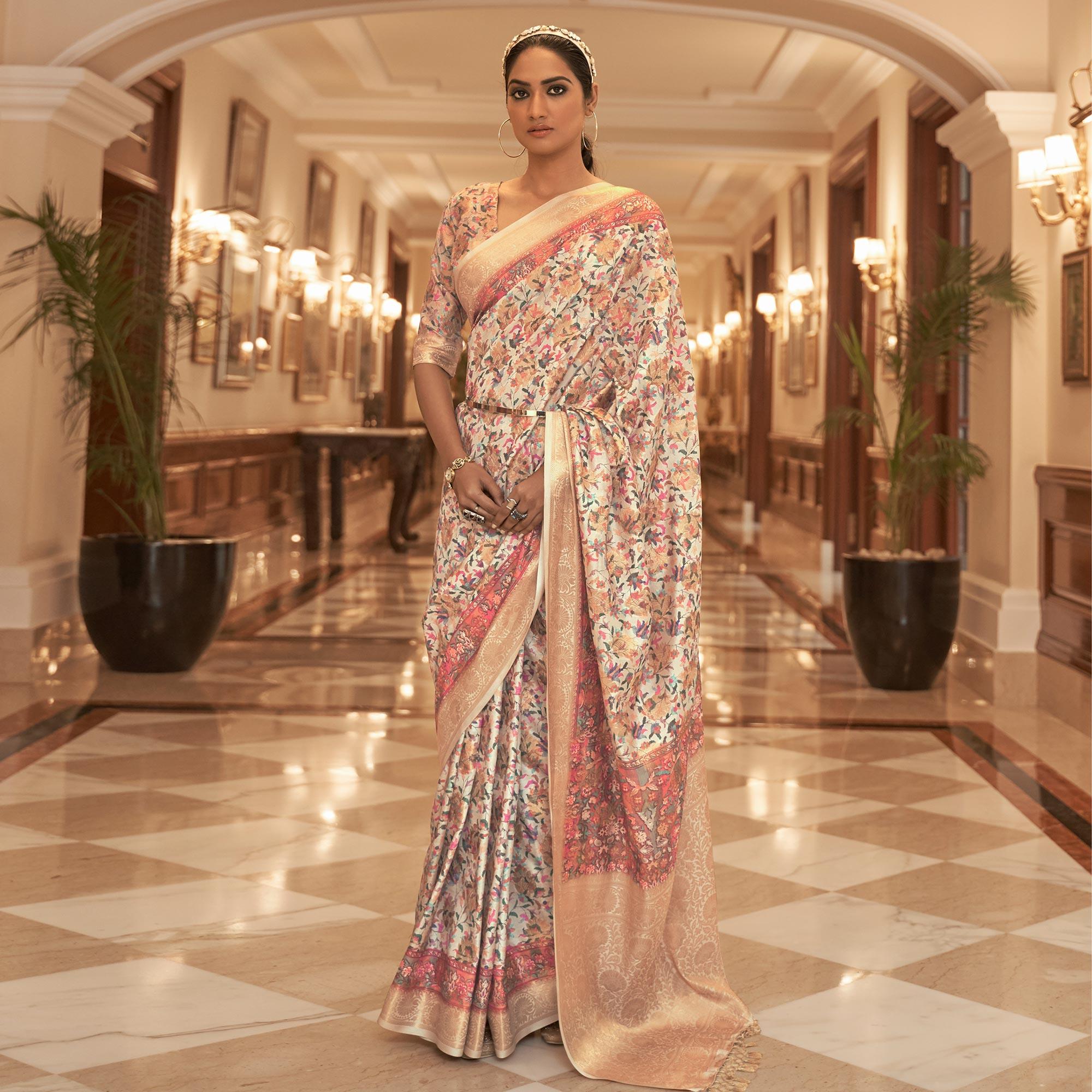 Cream Partywear Digital Printed Silk Saree - Peachmode