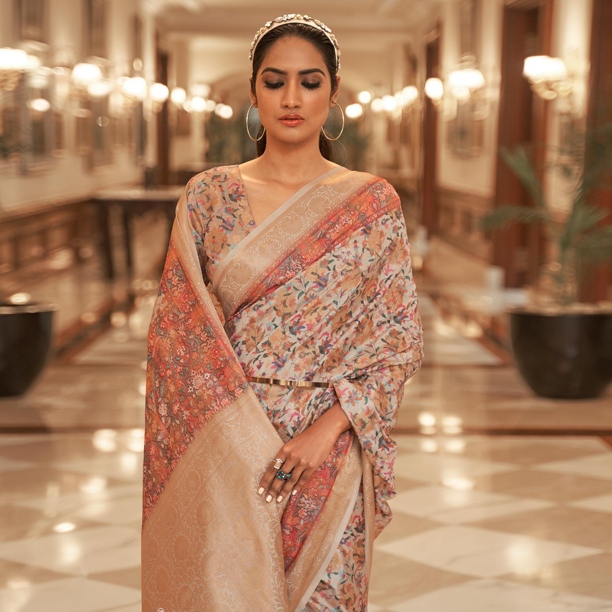 Cream Partywear Digital Printed Silk Saree - Peachmode