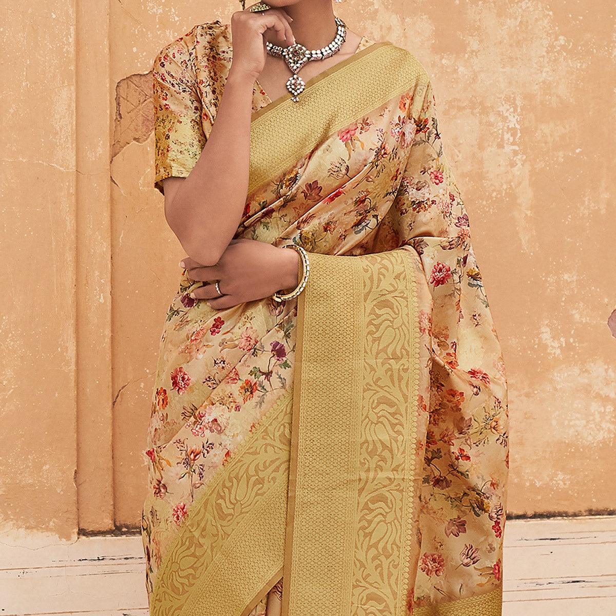 Cream Partywear Digital Printed Silk Saree - Peachmode