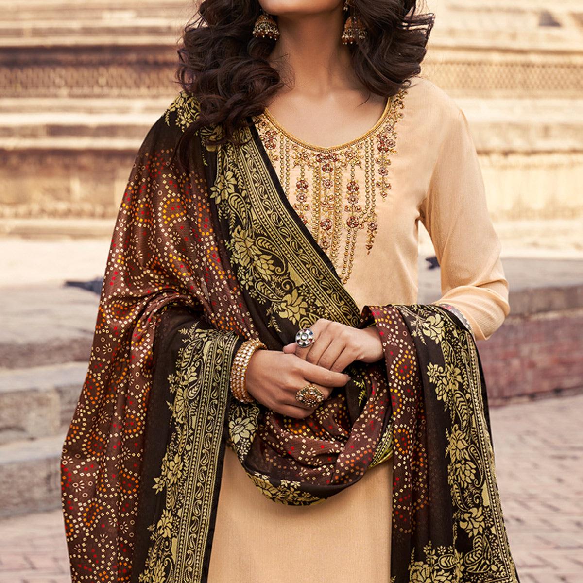 Cream Partywear Embroidered Chinon chiffon Suit - Peachmode