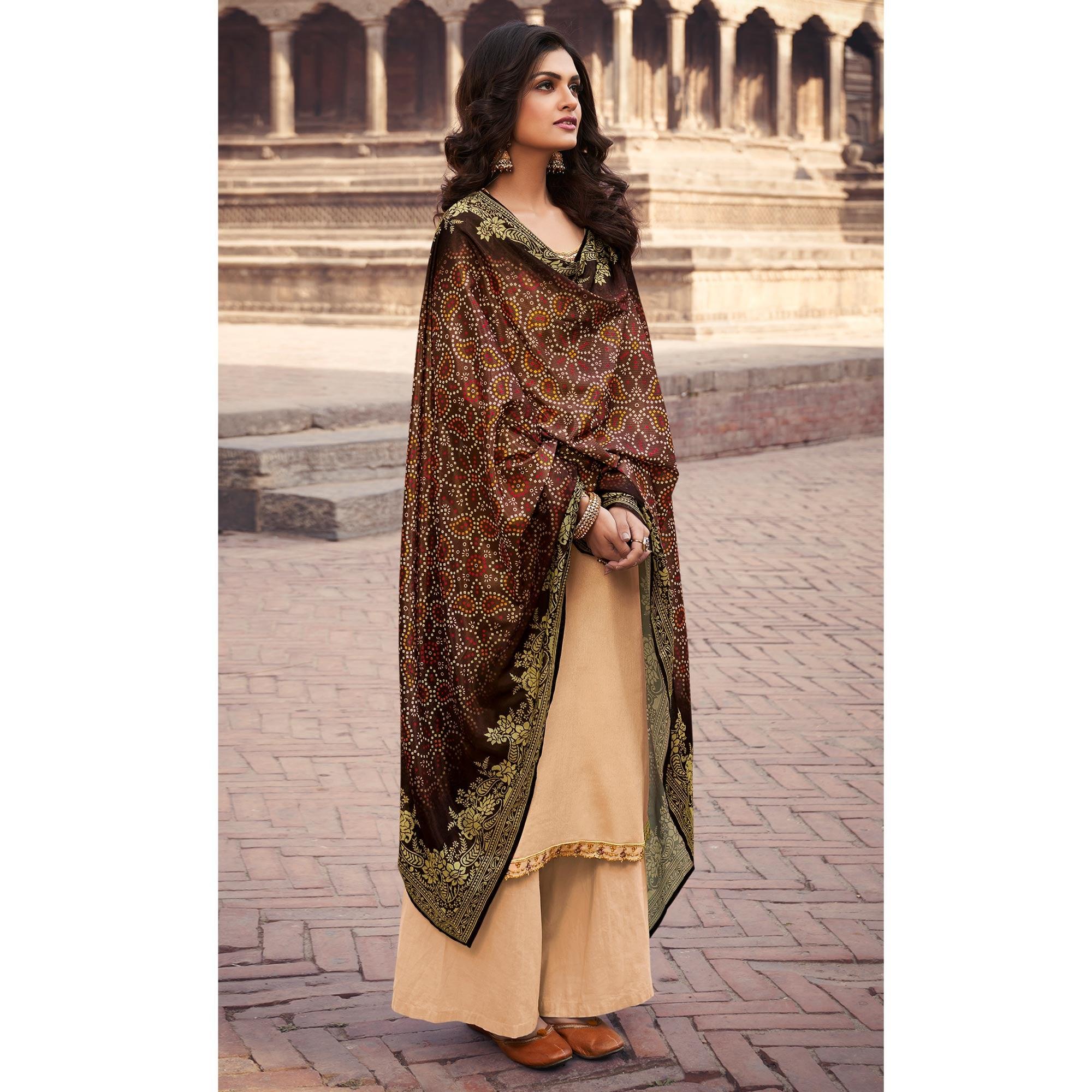 Cream Partywear Embroidered Chinon chiffon Suit - Peachmode
