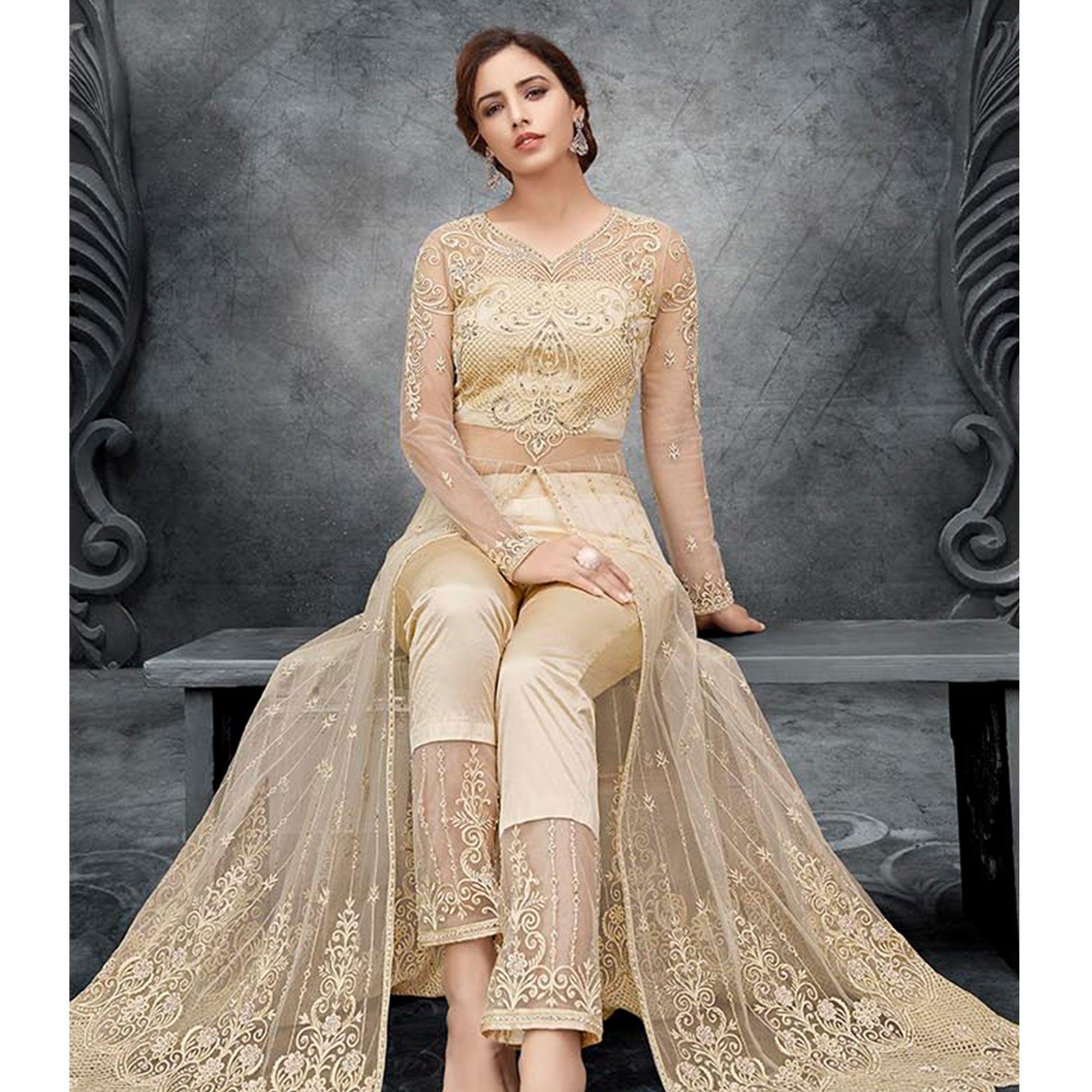 Cream Partywear Embroidered Handwork Soft Net Gown - Peachmode