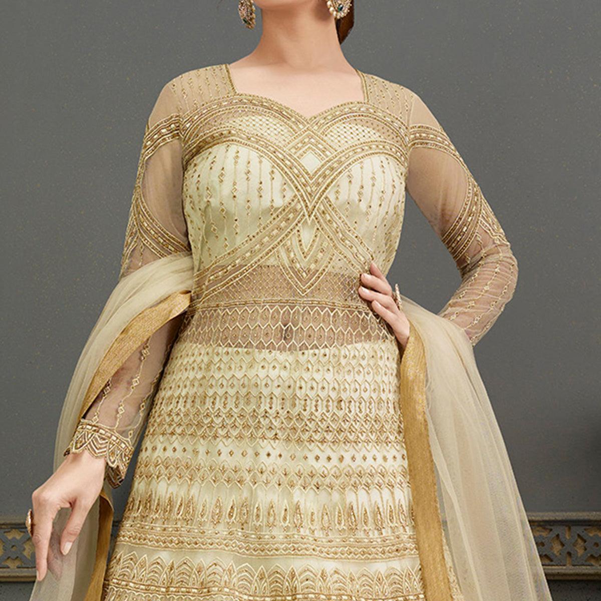 Cream Partywear Embroidered Handwork Soft Net Gown - Peachmode