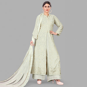Cream Partywear Embroidered Heavy Faux Georgette A line Anarkali suit - Peachmode